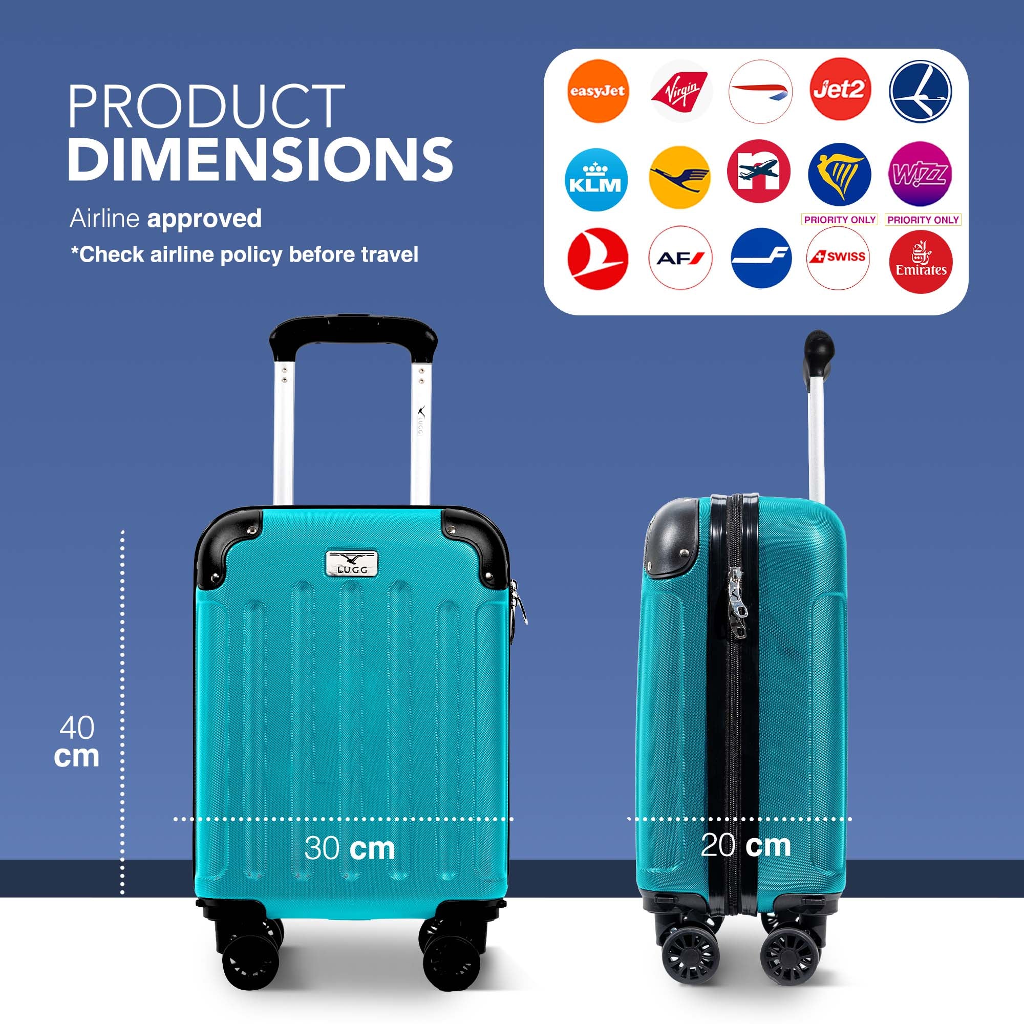 LUGG 40cm Skywander Lightweight Underseat Cabin Bag – Ryanair & EasyJet Approved Carry-On Suitcase, Durable ABS Hard Shell, Smooth Double Spinner Wheels, Water-Resistant & Compact Luggage (40x30x20cm, without wheels) - Teal