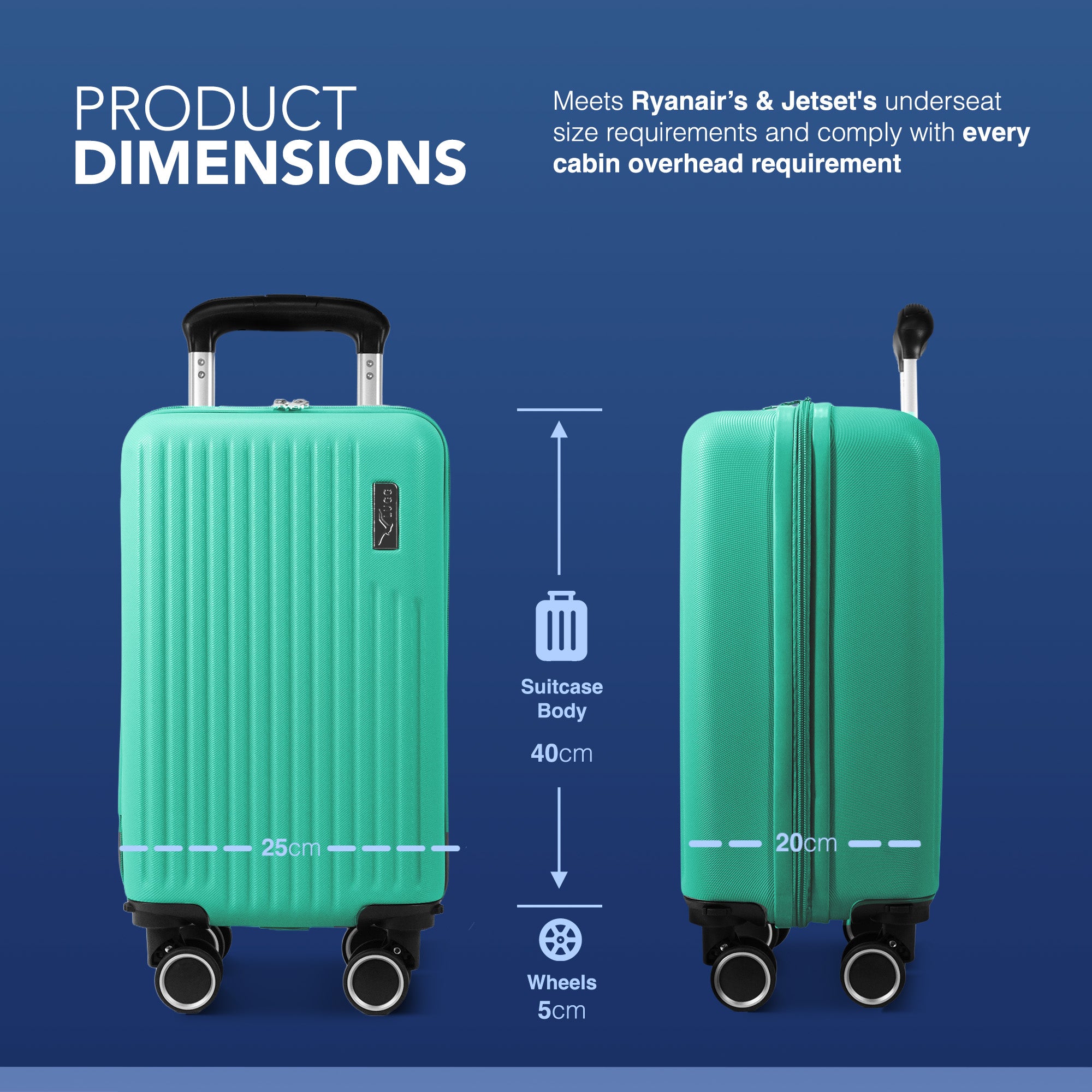 LUGG 40cm Vacay Suitcase ABS Luggage with TSA Indent Lock, Aluminium Trolley Handle, 360° Spinner Wheels, Water-Resistant & Durable Material - Airline Compatible (40 x 20 x 25cm)- Mint