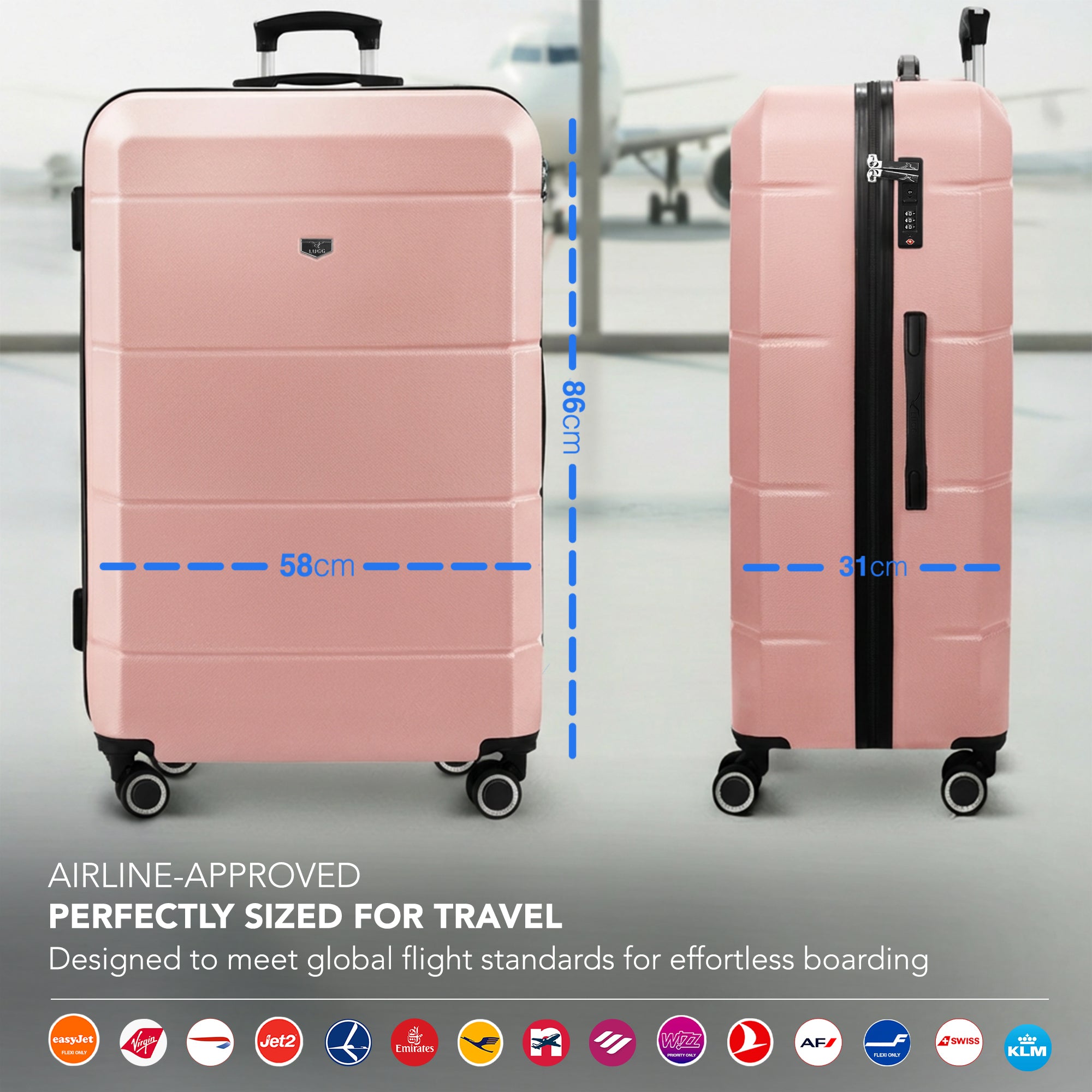 Jetset 32" Large Suitcase – Lightweight Hard Shell Luggage with TSA Lock – Water-Resistant ABS Spinner Suitcase – 4 Wheels – 86x58x31cm Travel Bag - Rose Gold