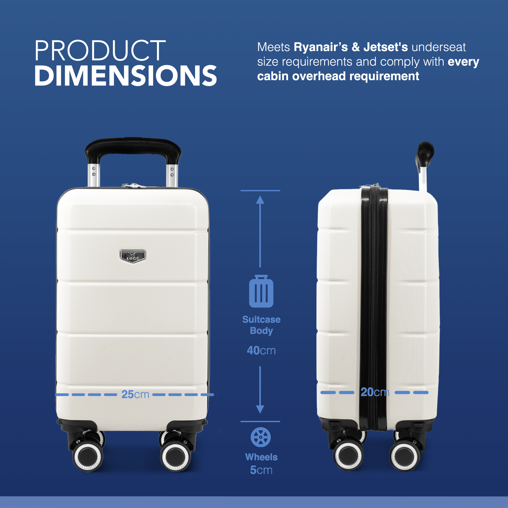 LUGG - Jetset 40cm Suitcase - 40x25x20cm- Ryanair Compatible - TSA Lock - Underseat Size - Hard Shell ABS - Spinner & Removable Wheels - Lightweight Travel Luggage- Ivory