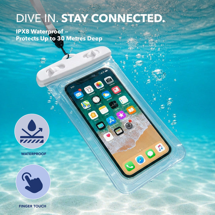 IPX8 waterproof phone pouch submerged underwater – touch screen compatible dry bag for swimming
