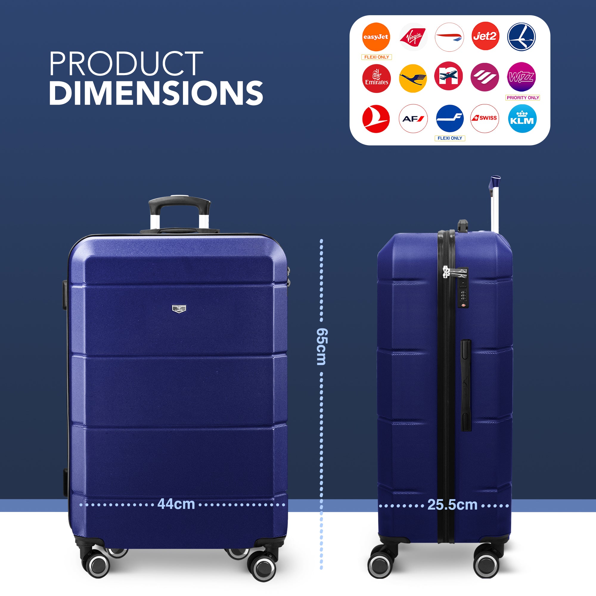 LUGG Jetset 24” Lightweight Travel Carry On Suitcase, ABS, Water Resistant & TSA Lock, Easyjet Overhead- Midnight Blue