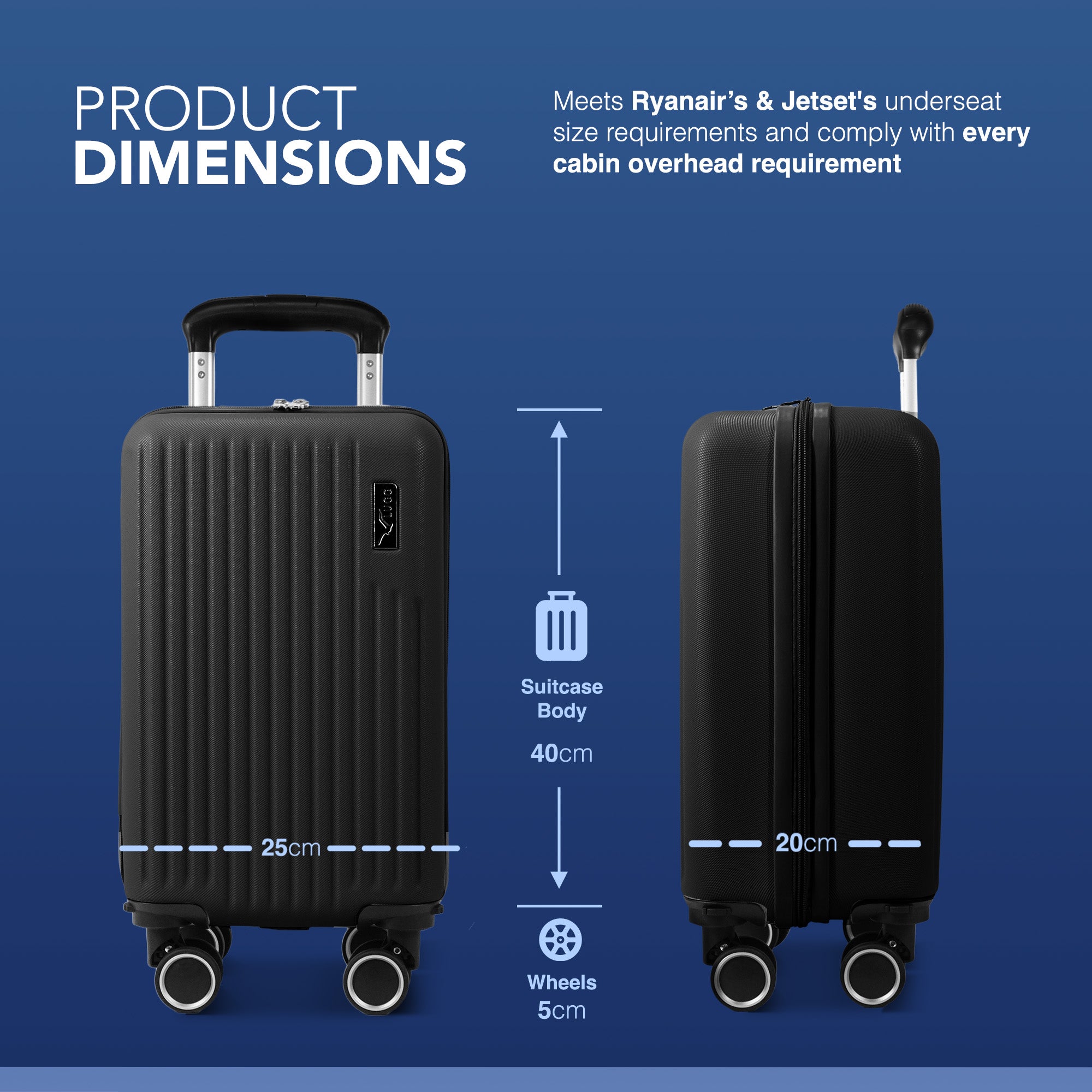 LUGG 40cm Vacay Suitcase ABS Luggage with TSA Indent Lock, Aluminium Trolley Handle, 360° Spinner Wheels, Water-Resistant & Durable Material - Airline Compatible (40 x 20 x 25cm)- Shadow
