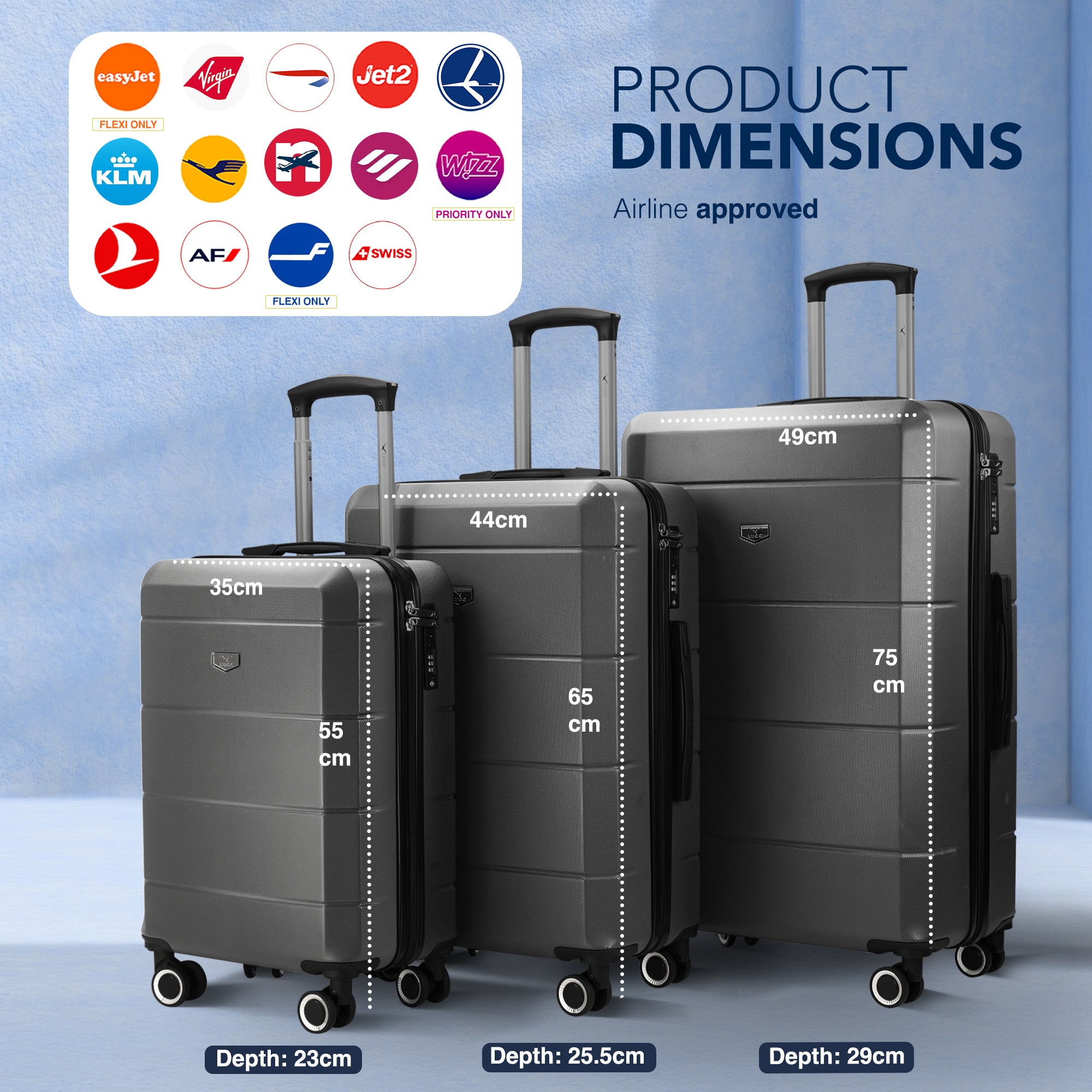 Jetset 3pc Suitcase Set in Gunmetal Grey