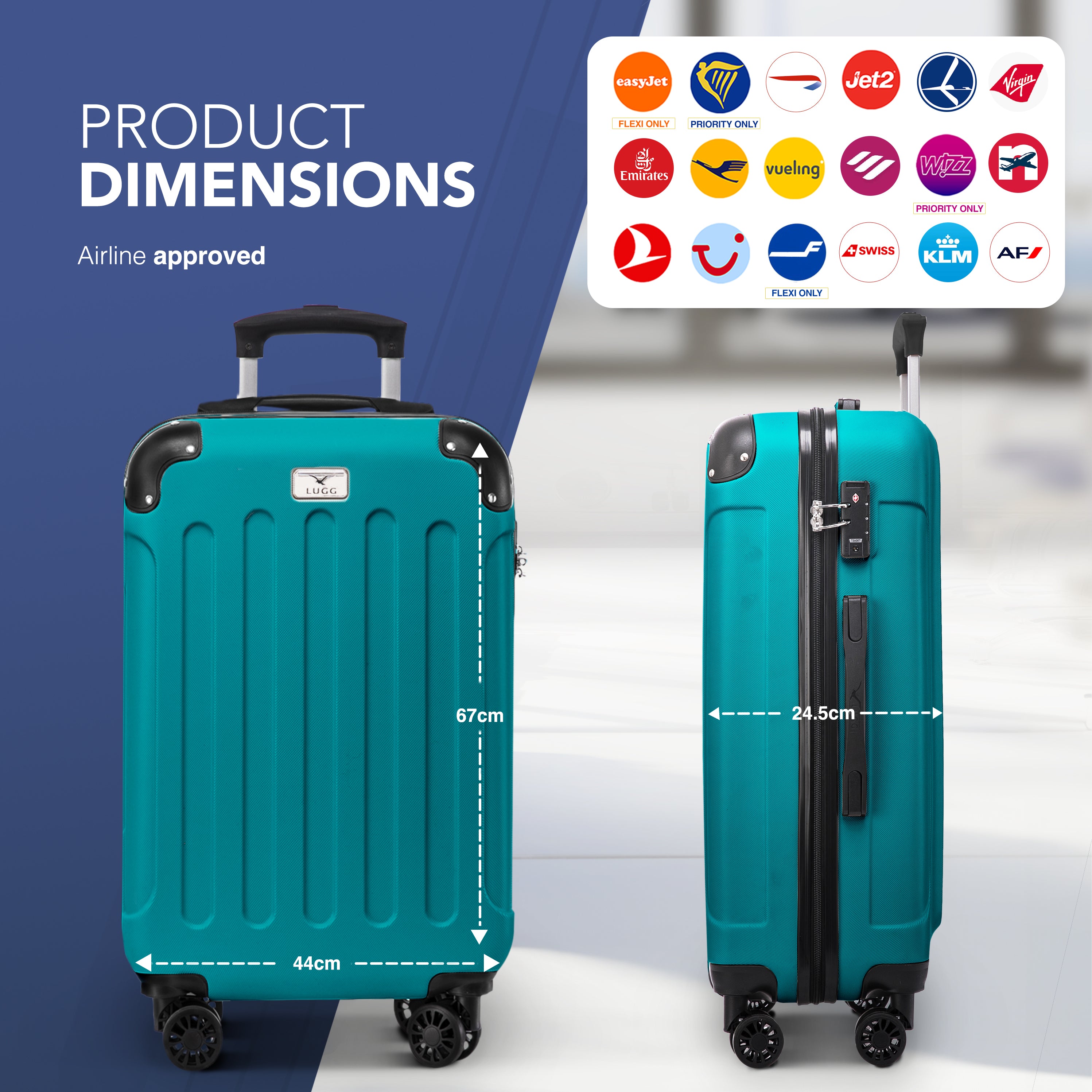 LUGG Skywander 24” Lightweight Underseat Cabin Bag - 67cm x 44cm x 24.5cm – EasyJet Approved Carry-On Suitcase, Durable ABS Hard Shell- Teal