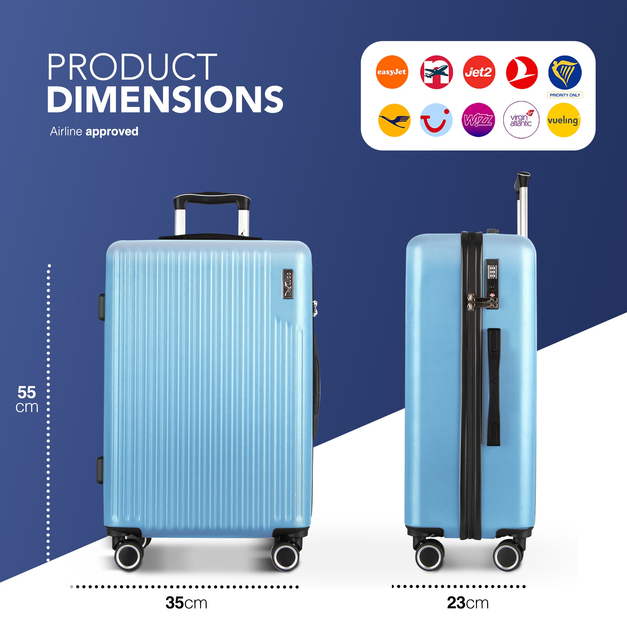 Vacay 20” Suitcase ABS Luggage with TSA Indent Lock, Aluminium Trolley Handle, 360° Spinner Wheels - Airline Compatible (55 x 35 x 23cm) - Sky Blue