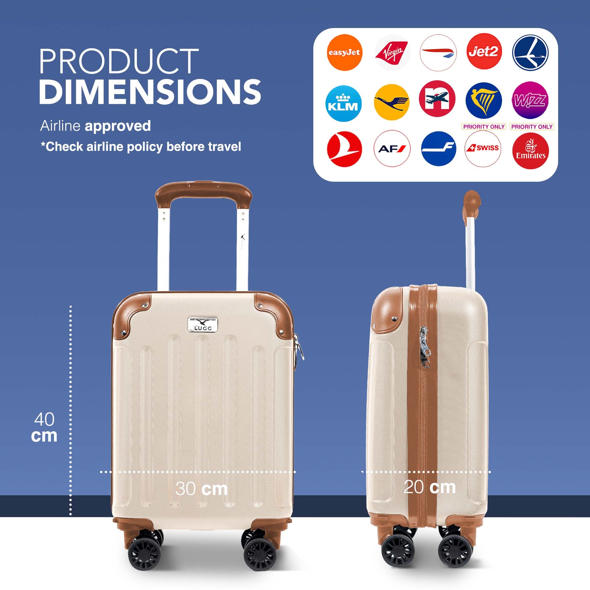 LUGG 40cm Skywander Lightweight Underseat Cabin Bag – Ryanair & EasyJet Approved Carry-On Suitcase, Durable ABS Hard Shell, Smooth Double Spinner Wheels, Water-Resistant & Compact Luggage (40x30x20cm, without wheels) - Cream/Brown