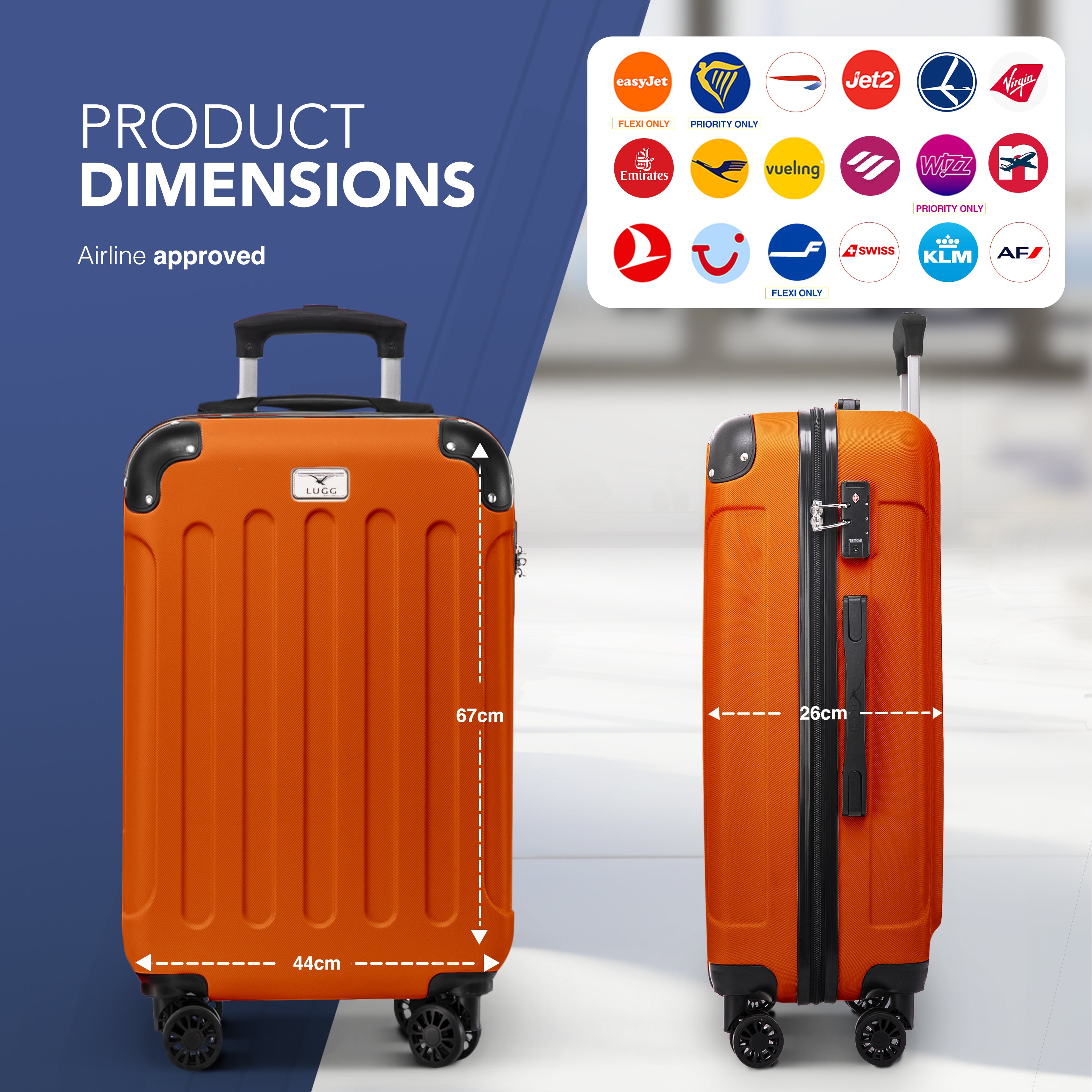 LUGG Skywander 24” Lightweight Underseat Cabin Bag - 67cm x 44cm x 26cm – EasyJet Approved Carry-On Suitcase, Durable ABS Hard Shell- Orange