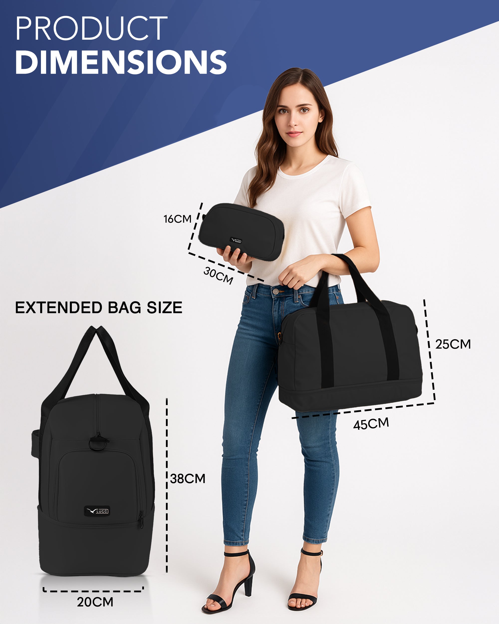 LUGG Duffle & Toiletry Bag Set – Waterproof Travel Bags for Men & Women - Black