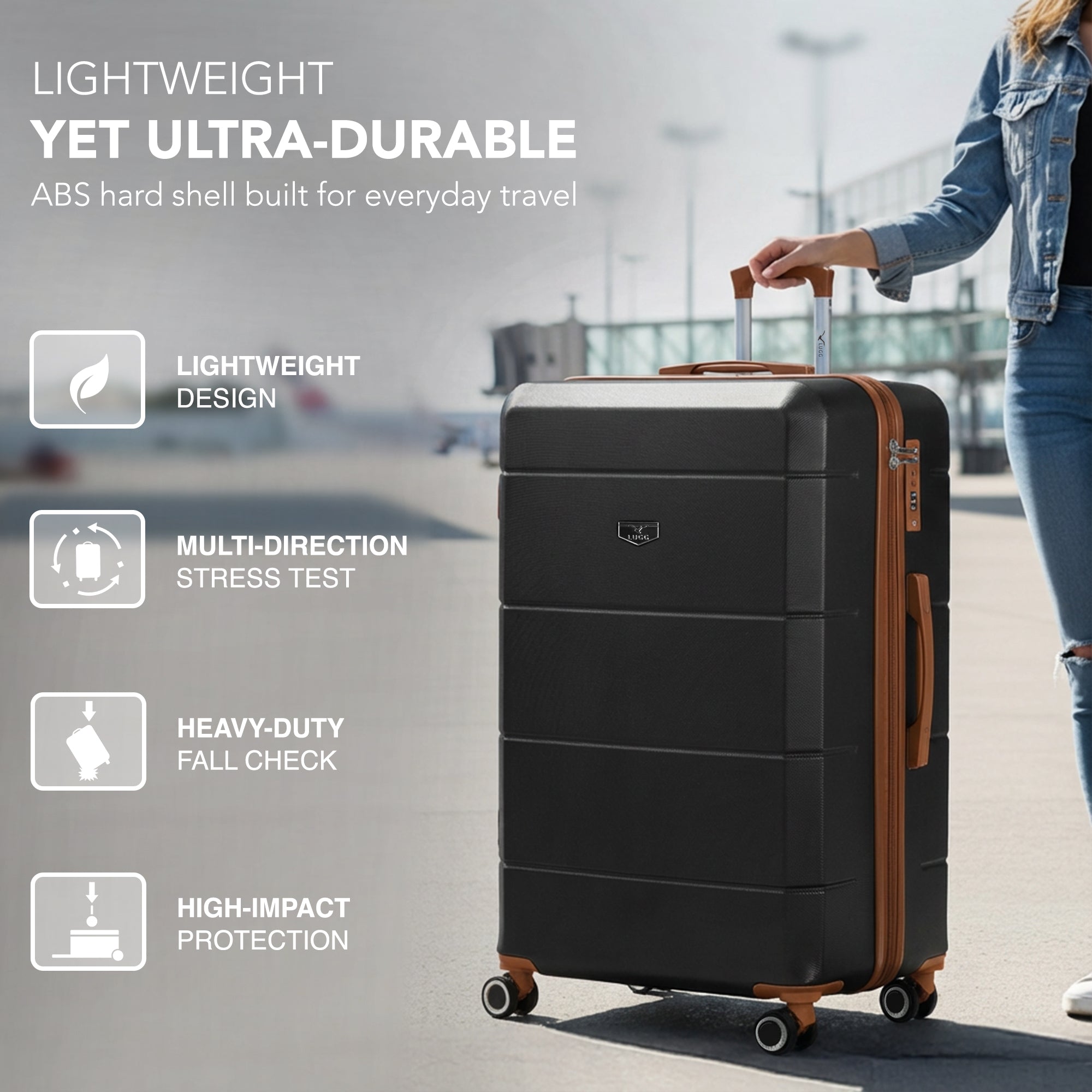 Jetset 32" Large Suitcase – Lightweight Hard Shell Luggage with TSA Lock – Water-Resistant ABS Spinner Suitcase – 4 Wheels – 86x58x31cm Travel Bag - Black with Brown