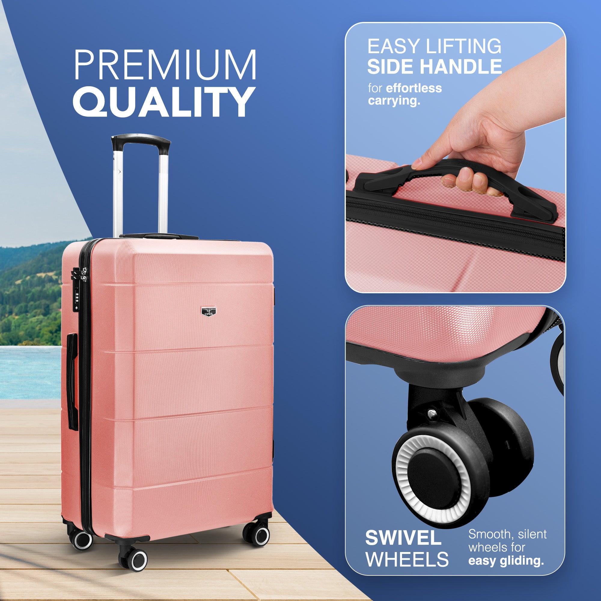 LUGG Jetset 24” Lightweight Travel Carry On Suitcase, ABS, Water Resistant & TSA Lock, Easyjet Overhead- Rose Gold