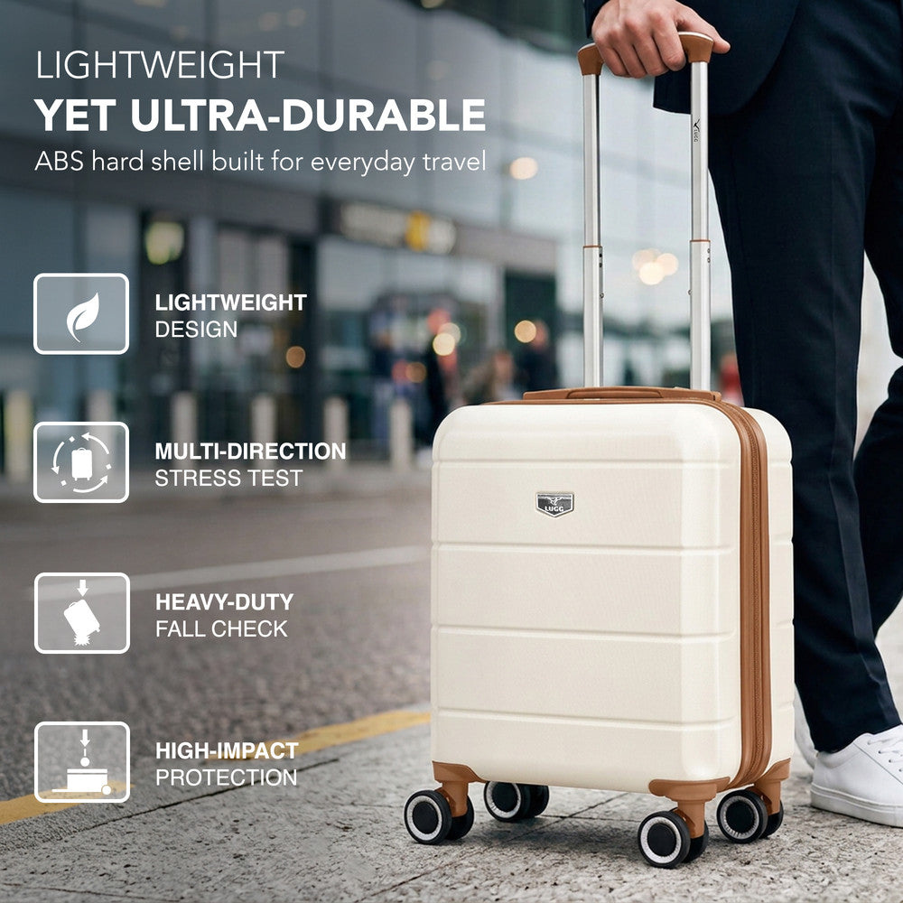 LUGG Jetset 15 Inch ABS Shell Protection Water Resistant & Safe Locking System Easyjet Free Under Seat Luggage (45x33x20cm) - Cream & Brown