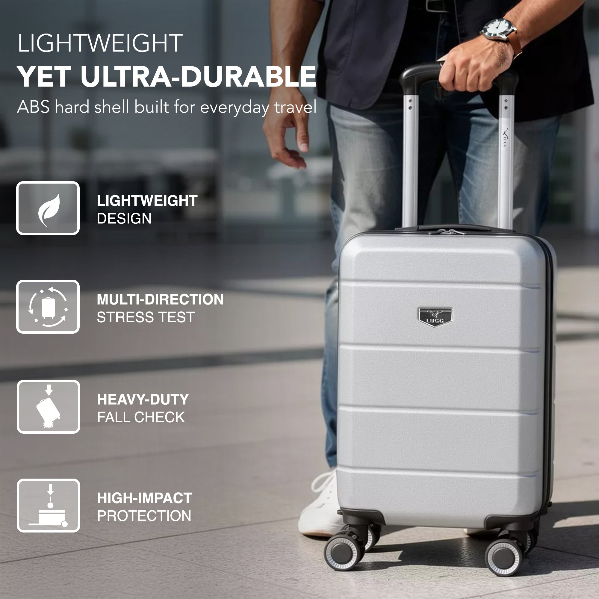 LUGG - Jetset 40cm Suitcase - 40x25x20cm- Ryanair Compatible - Underseat Size - Hard Shell ABS - Spinner & Removable Wheels - Lightweight Travel Luggage- Silver