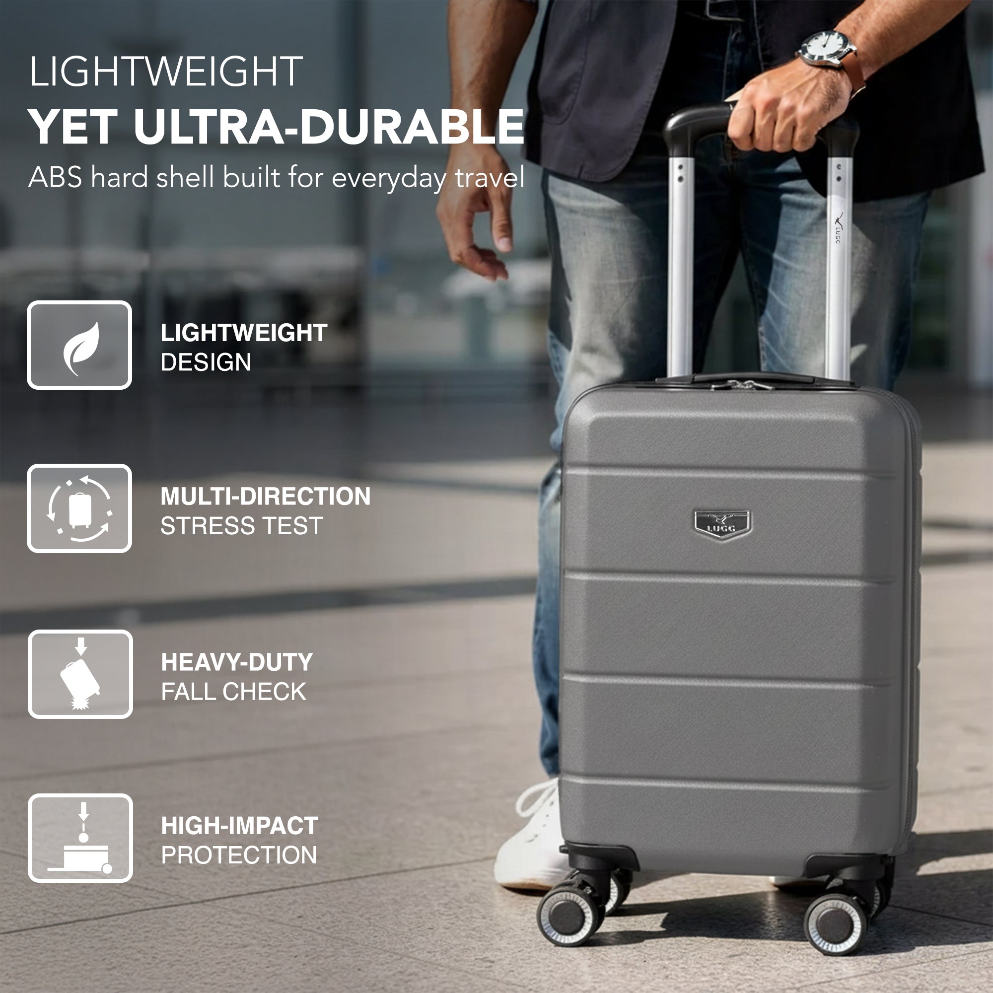 LUGG - Jetset 40cm Suitcase - 40x30x20cm- Ryanair Compatible - Underseat Size - Hard Shell ABS - Spinner & Removable Wheels - Lightweight Travel Luggage- Gunmetal