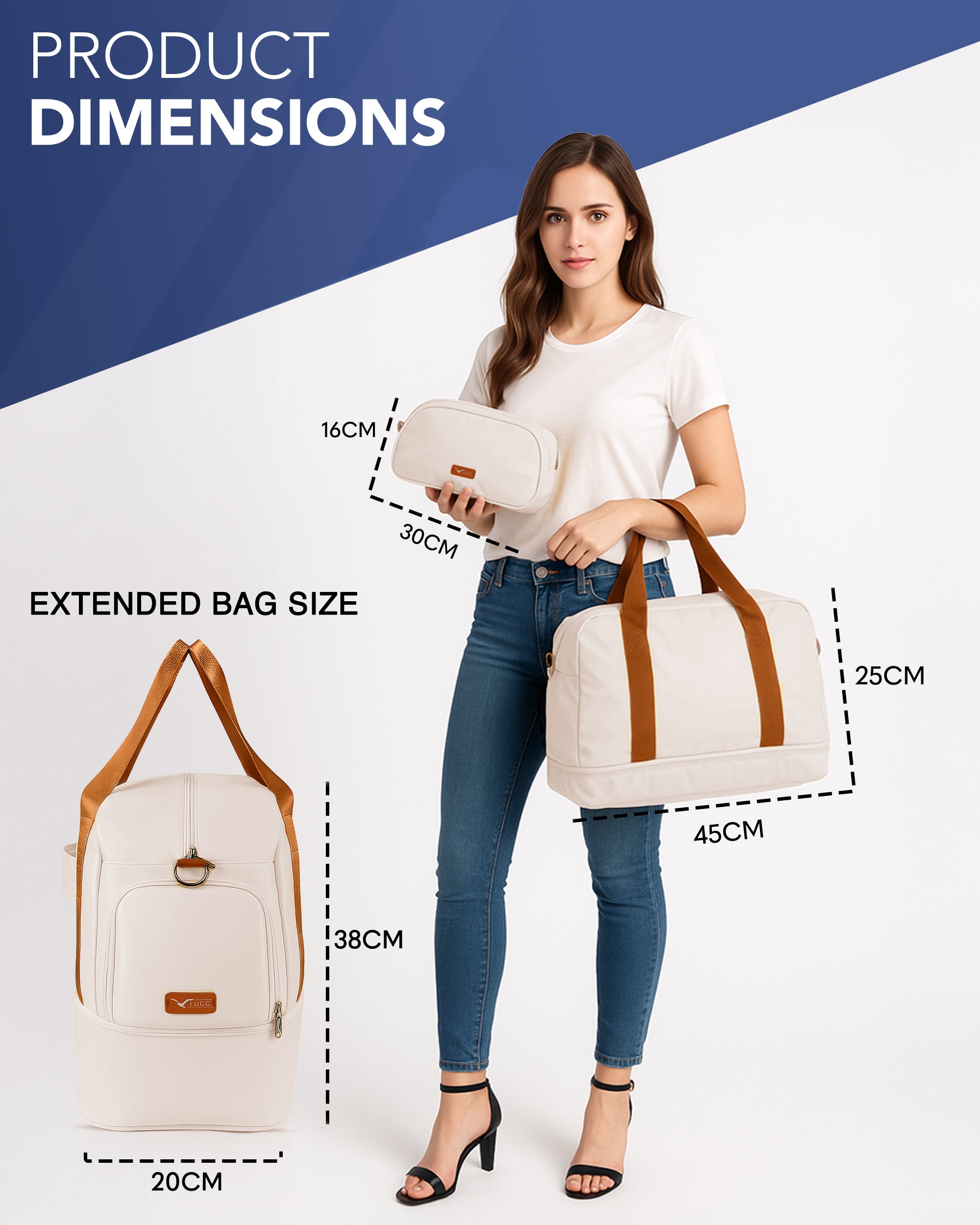 LUGG Duffle & Toiletry Bag Set – Waterproof Travel Bags for Men & Women - Cream