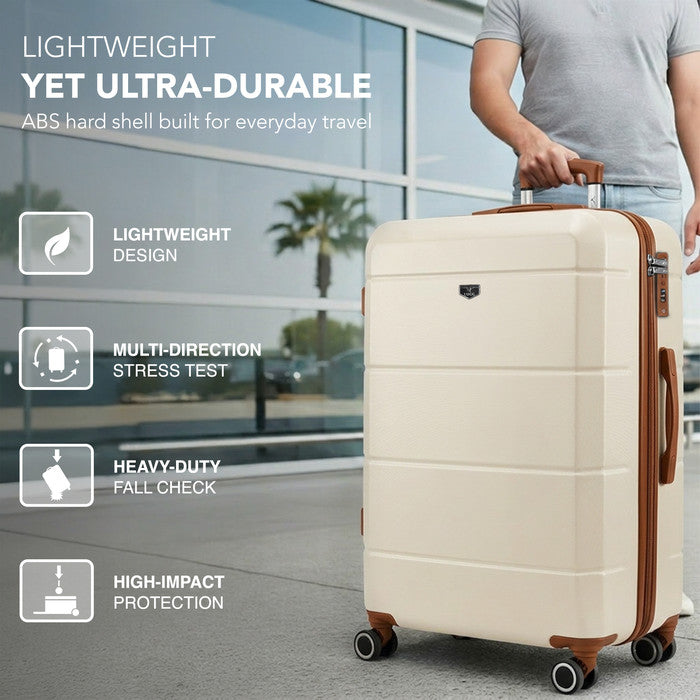 LUGG Jetset 28 Inch Large Suitcase – Lightweight Hard Shell Luggage with TSA Lock – Water-Resistant ABS Spinner Suitcase – 4 Wheels – (75x49x29cm) - Cream & Brown