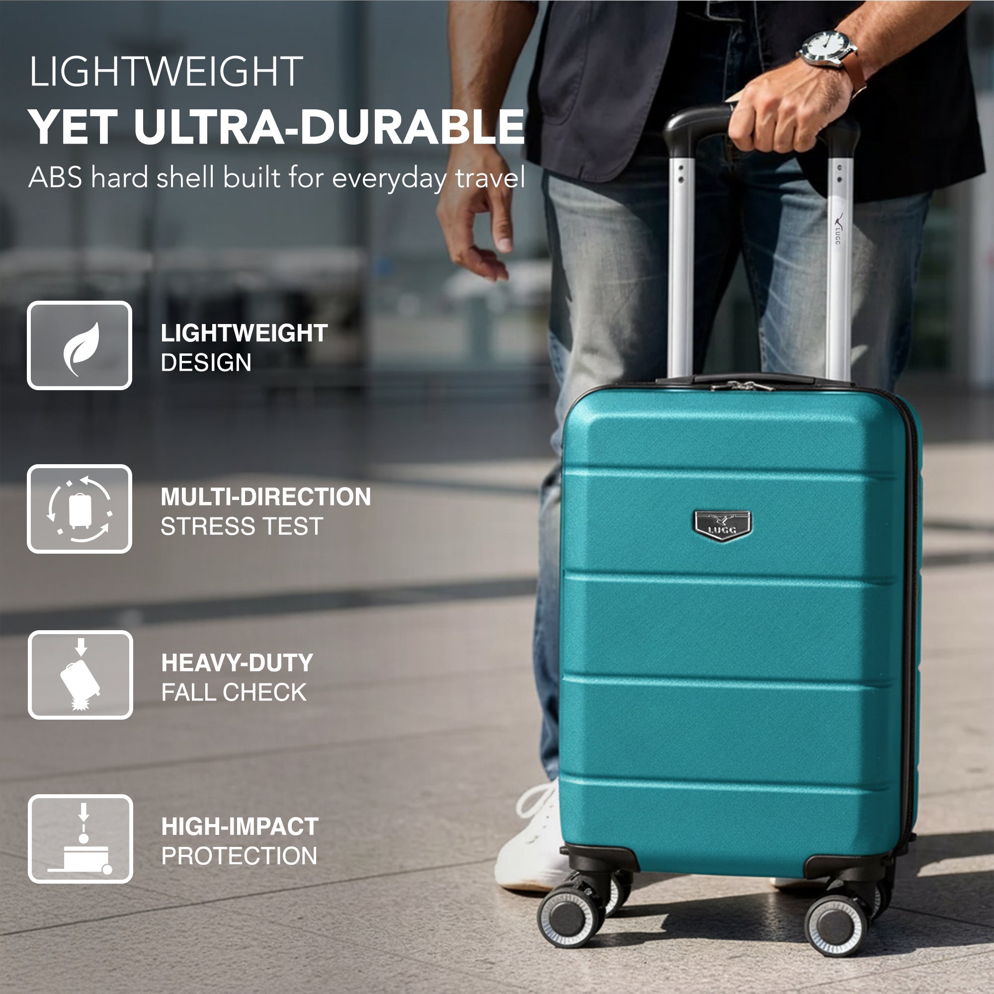 LUGG - Jetset 40cm Suitcase - 40x25x20cm- Ryanair Compatible - Underseat Size - Hard Shell ABS - Spinner & Removable Wheels - Lightweight Travel Luggage- Teal