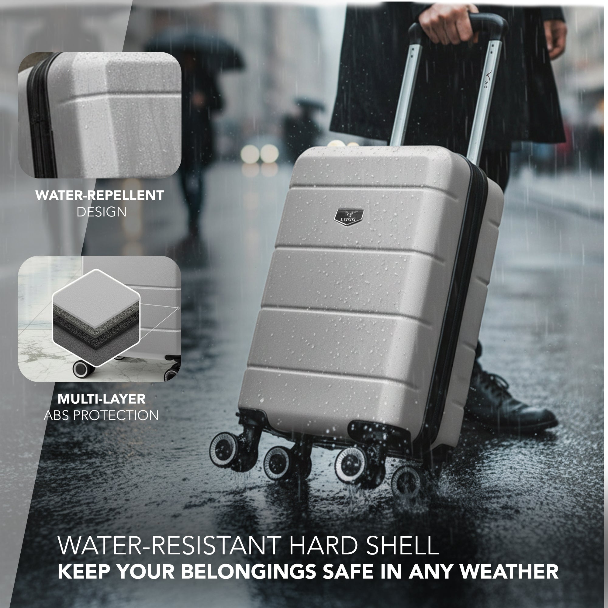 LUGG - Jetset 40cm Suitcase - 40x25x20cm- Ryanair Compatible - Underseat Size - Hard Shell ABS - Spinner & Removable Wheels - Lightweight Travel Luggage- Silver