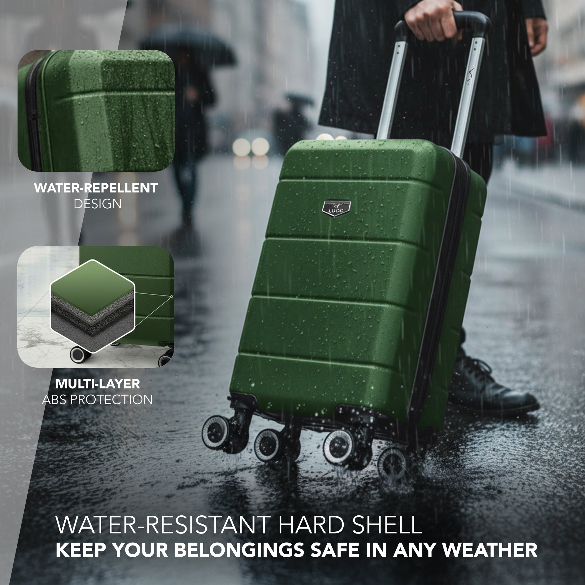 LUGG - Jetset 40cm Suitcase - 40x30x20cm- Ryanair Compatible  - Underseat Size - Hard Shell ABS - Spinner & Removable Wheels - Lightweight Travel Luggage- Army Green