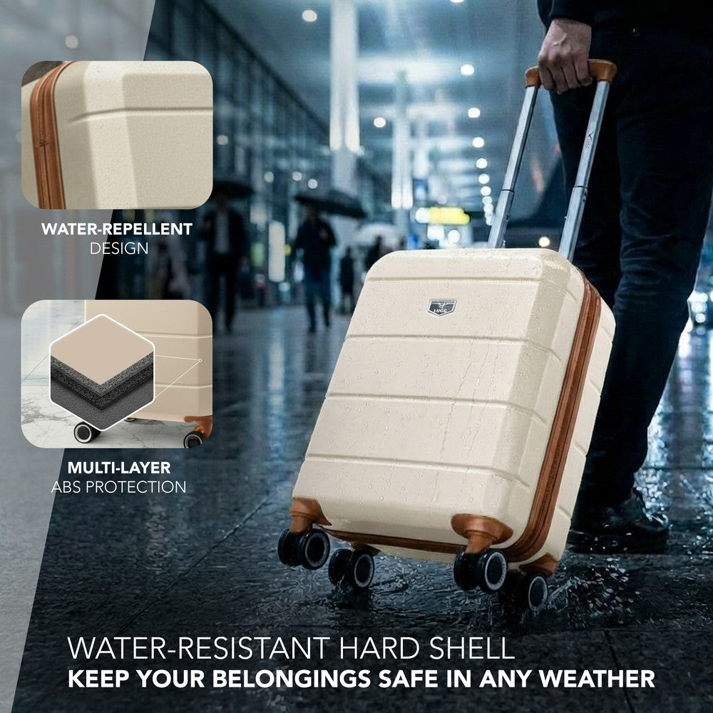 LUGG Jetset 15 Inch ABS Shell Protection Water Resistant & Safe Locking System Easyjet Free Under Seat Luggage (45x33x20cm) - Cream & Brown