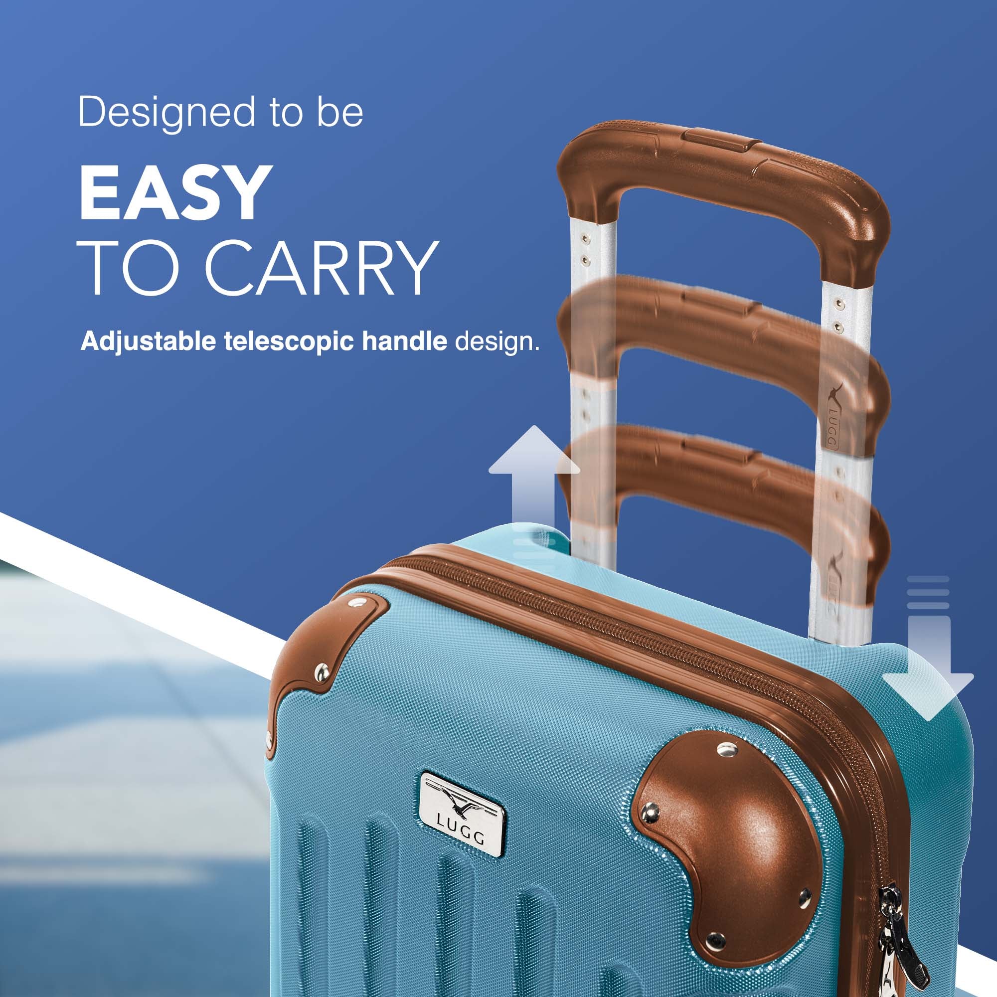 LUGG 40cm Skywander Lightweight Underseat Cabin Bag – Ryanair & EasyJet Approved Carry-On Suitcase, Durable ABS Hard Shell, Smooth Double Spinner Wheels, Water-Resistant & Compact Luggage (40x30x20cm, without wheels) - Blue/Brown