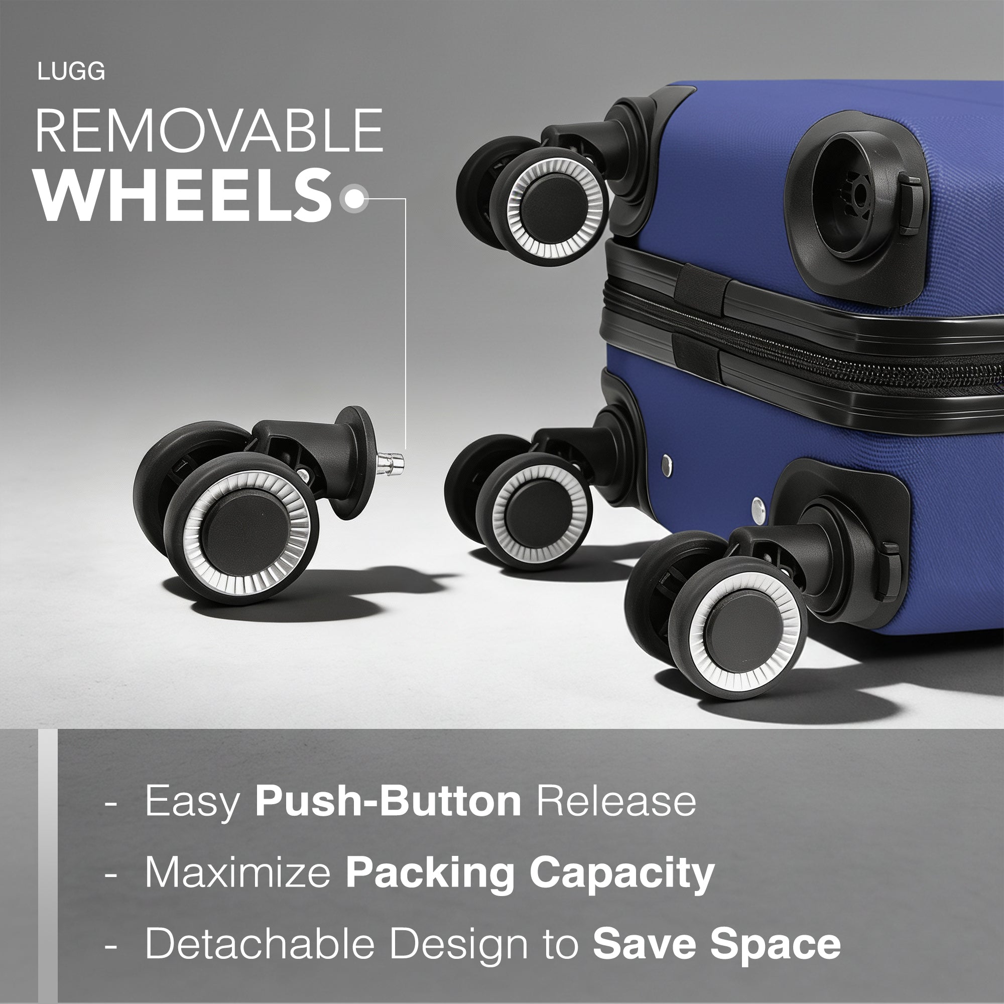 LUGG - Jetset 40cm Suitcase - 40x25x20cm- Ryanair Compatible - Underseat Size - Hard Shell ABS - Spinner & Removable Wheels - Lightweight Travel Luggage- Midnight Blue