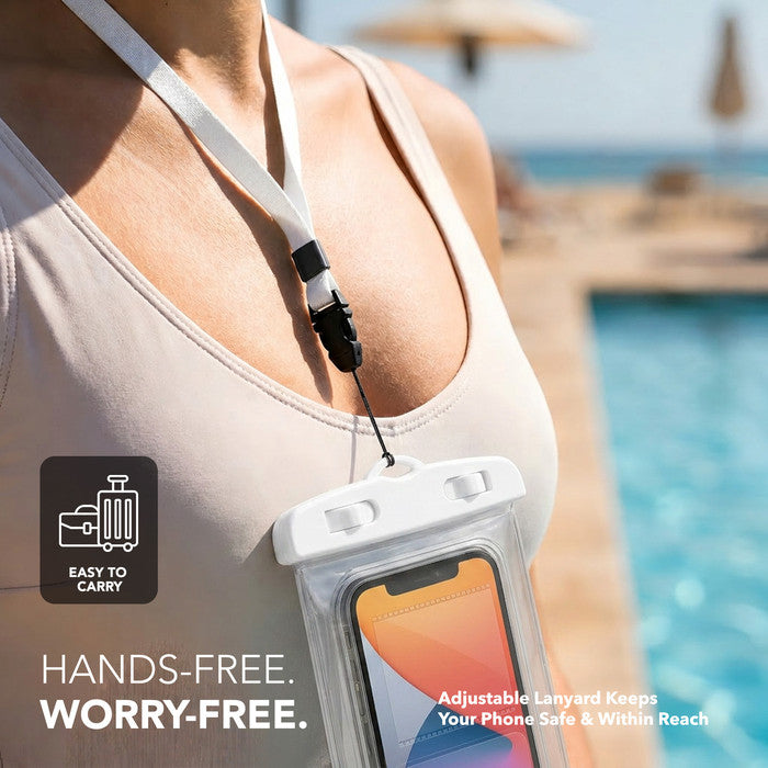 Waterproof phone holder on adjustable neck lanyard by pool – hands-free phone case for holidays