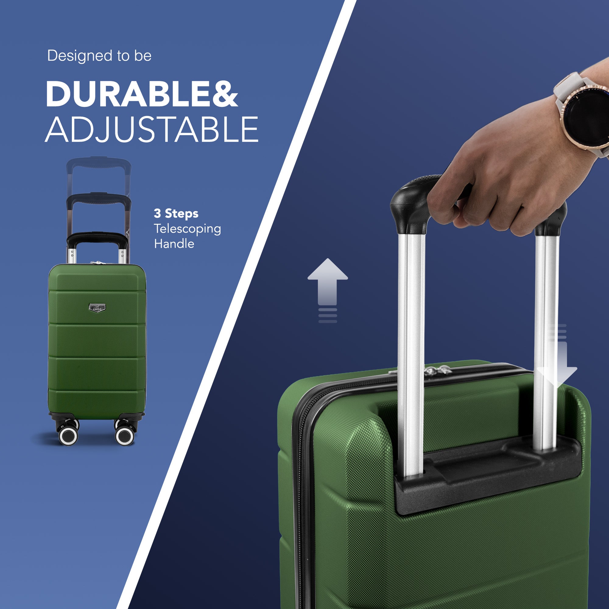 LUGG - Jetset 40cm Suitcase - 40x25x20cm- Ryanair Compatible - TSA Lock - Underseat Size - Hard Shell ABS - Spinner & Removable Wheels - Lightweight Travel Luggage- Army Green