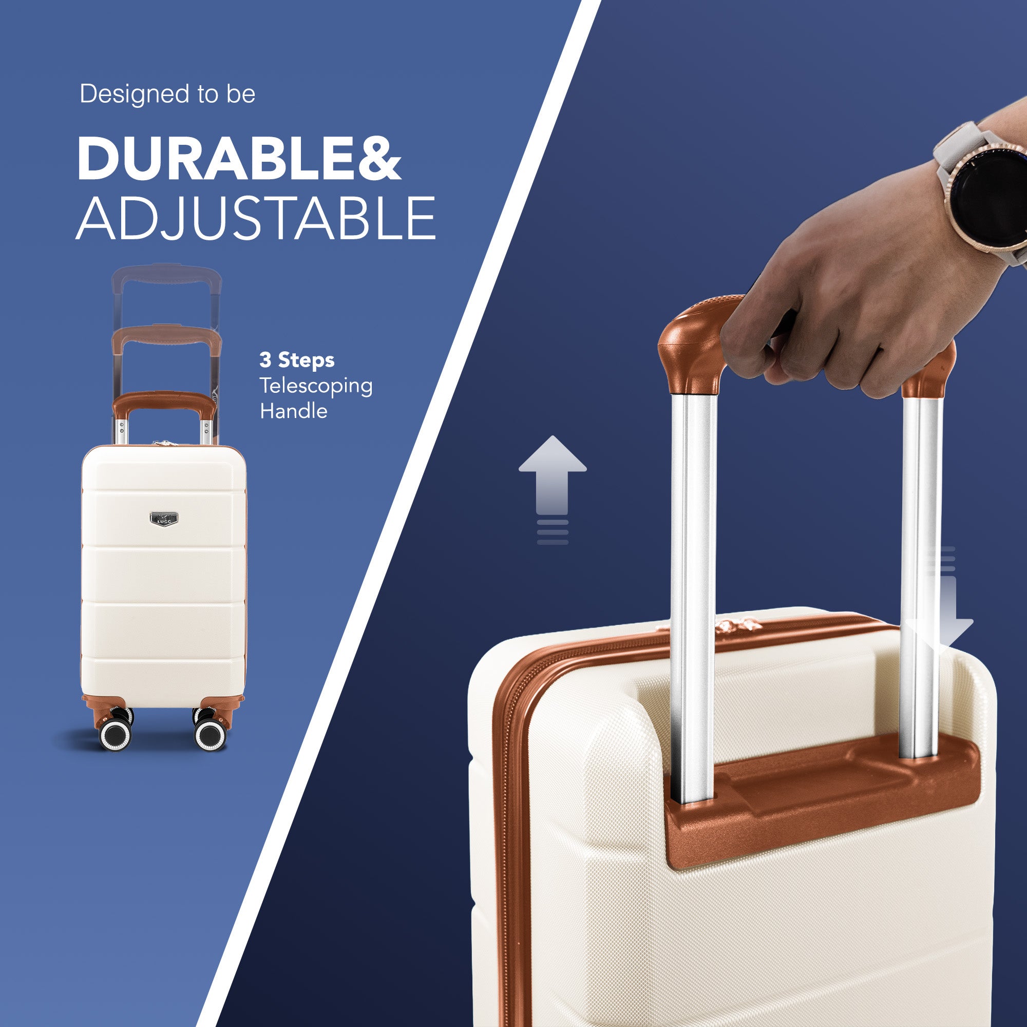 LUGG - Jetset 40cm Suitcase - 40x25x20cm- Ryanair Compatible - TSA Lock - Underseat Size - Hard Shell ABS - Spinner & Removable Wheels - Lightweight Travel Luggage- Cream/Brown