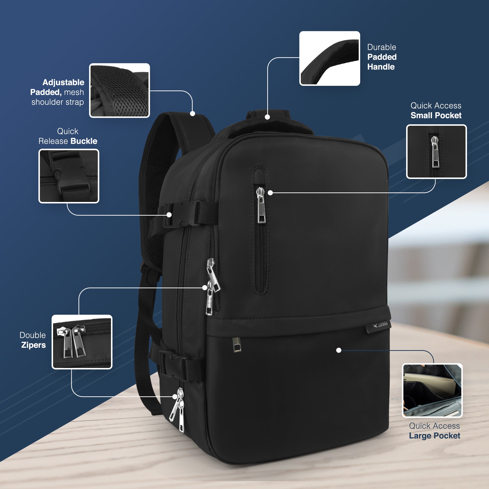 LUGG - Waterproof & Durable Travel Backpack for Ryanair Underseat - Fits 15" Laptop - Anti-Theft Pocket - Multiple Compartments for Storage - Lightweight Carry-On Cabin Bag - 20L- 40x20x25cm