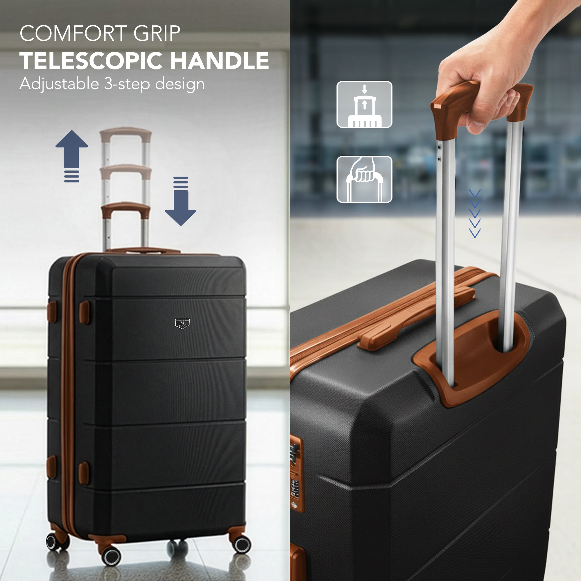 Jetset 32" Large Suitcase – Lightweight Hard Shell Luggage with TSA Lock – Water-Resistant ABS Spinner Suitcase – 4 Wheels – 86x58x31cm Travel Bag - Black with Brown