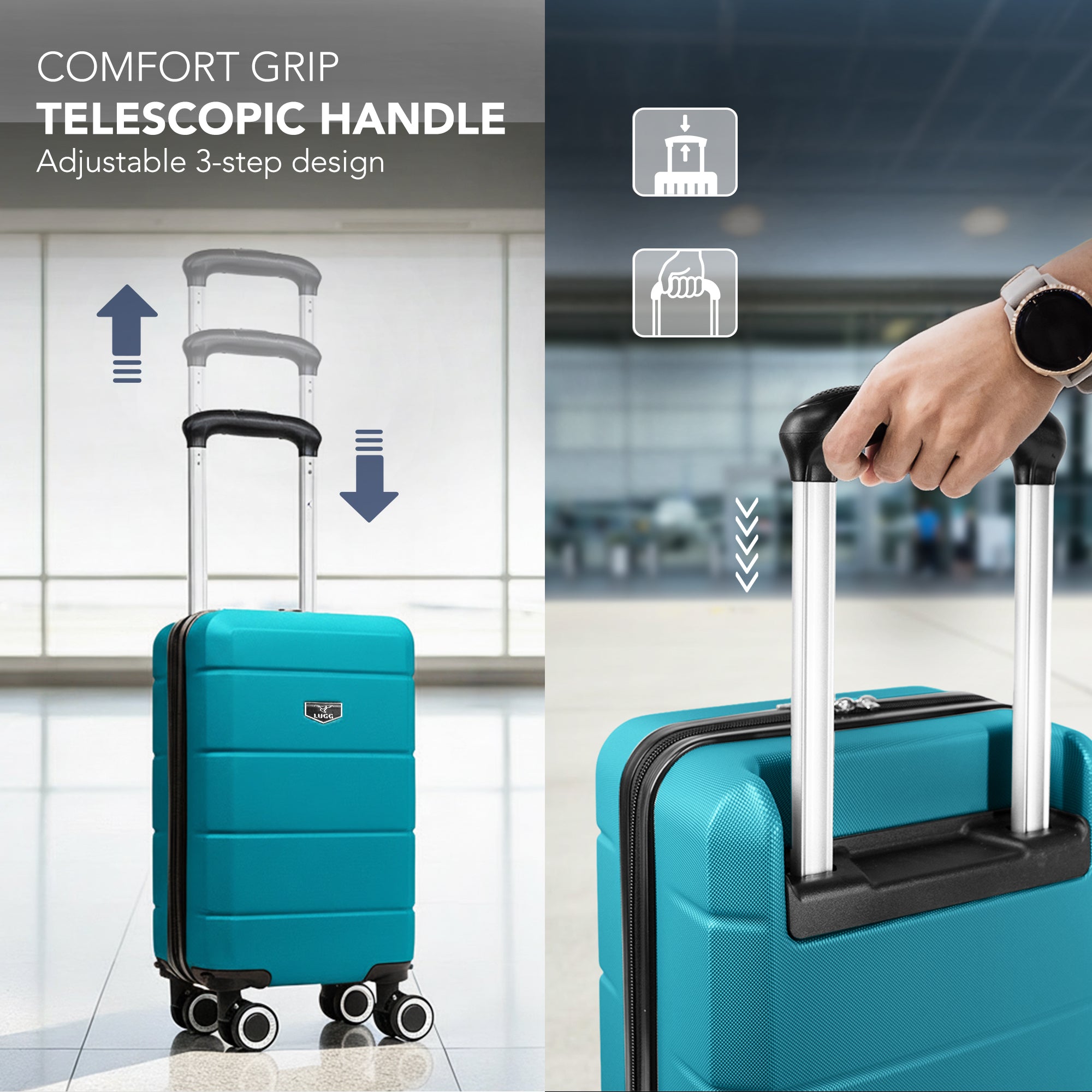 LUGG - Jetset 40cm Suitcase - 40x25x20cm- Ryanair Compatible - Underseat Size - Hard Shell ABS - Spinner & Removable Wheels - Lightweight Travel Luggage- Teal