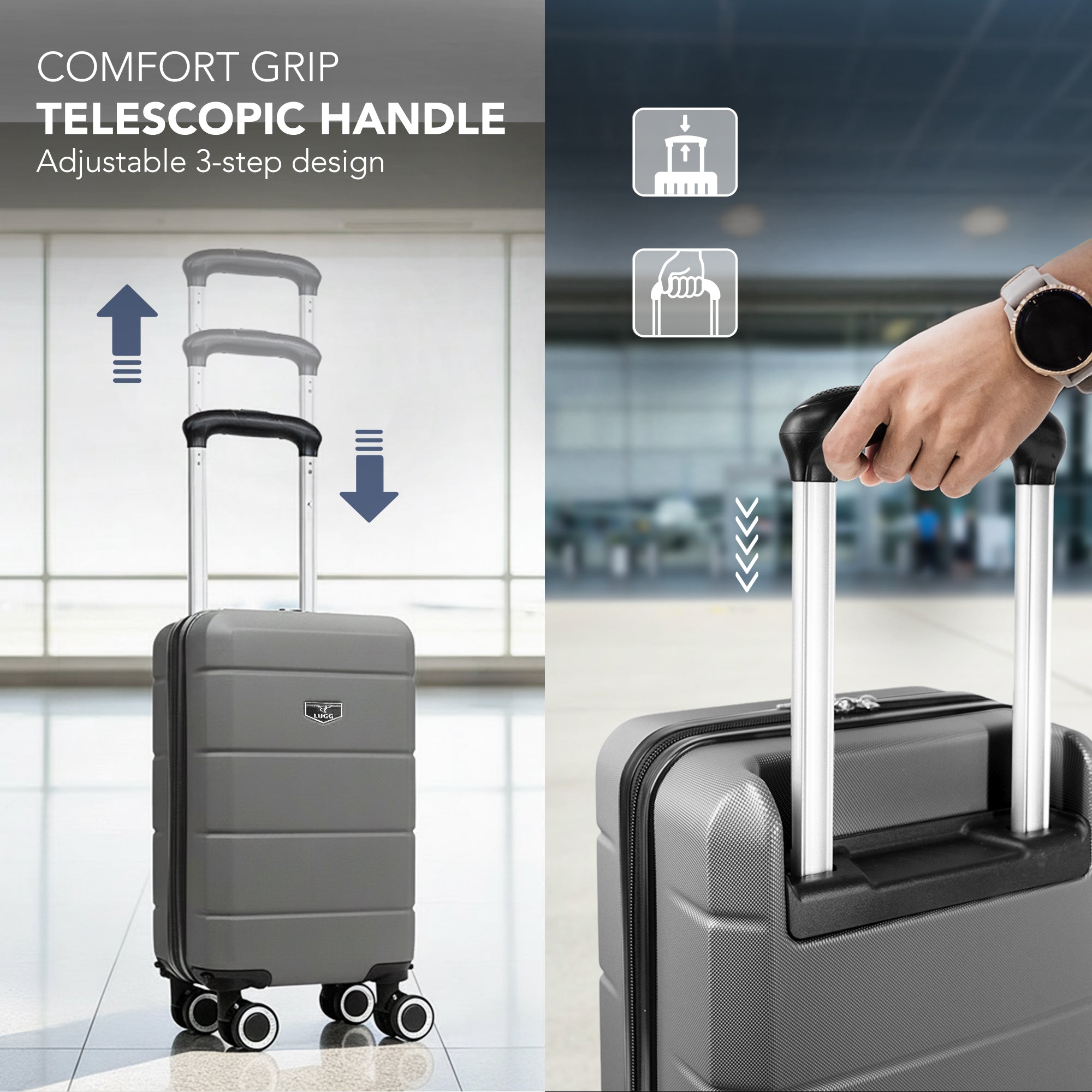 LUGG - Jetset 40cm Suitcase - 40x30x20cm- Ryanair Compatible - Underseat Size - Hard Shell ABS - Spinner & Removable Wheels - Lightweight Travel Luggage- Gunmetal