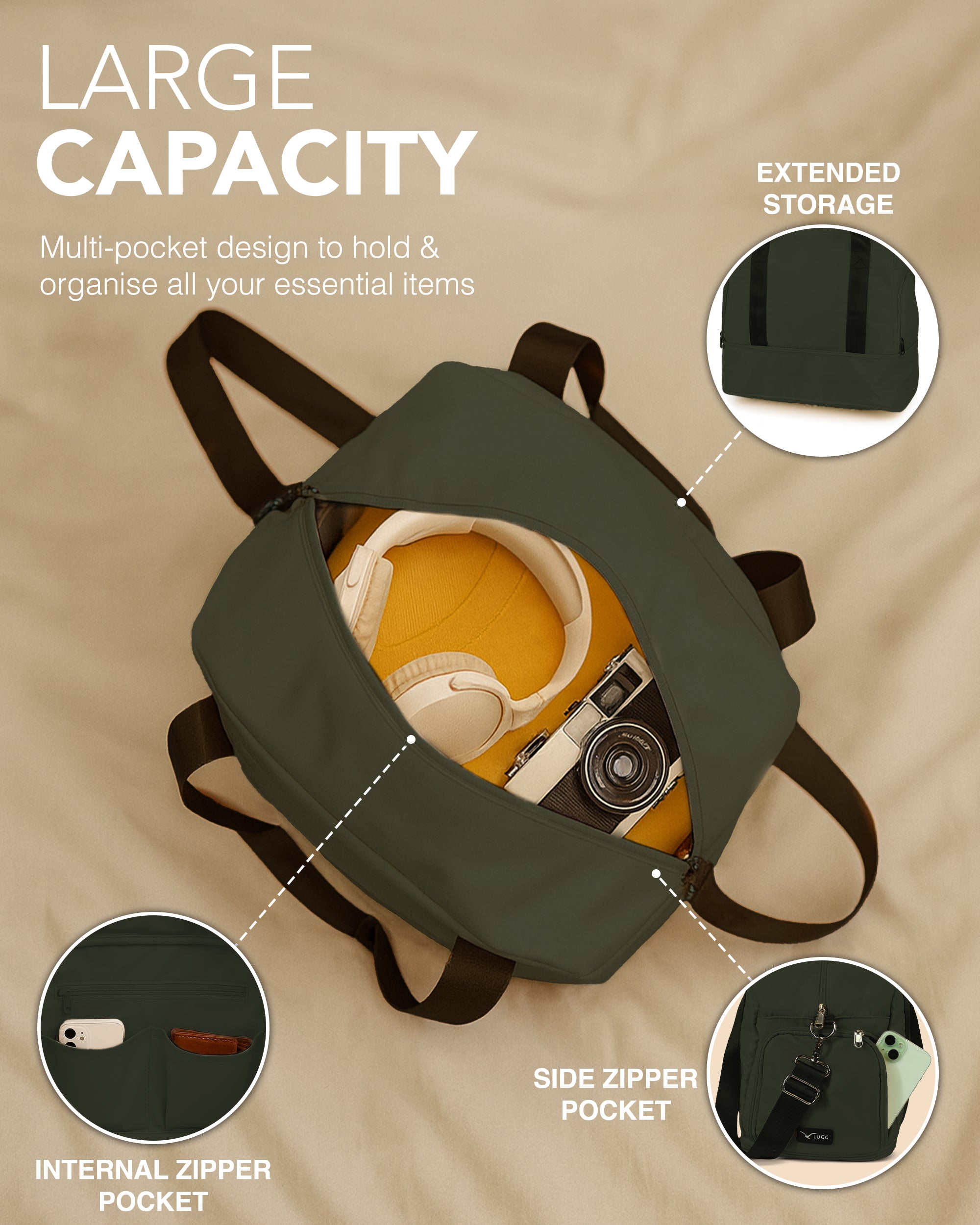 LUGG Duffle & Toiletry Bag Set – Waterproof Travel Bags for Men & Women - Army Green