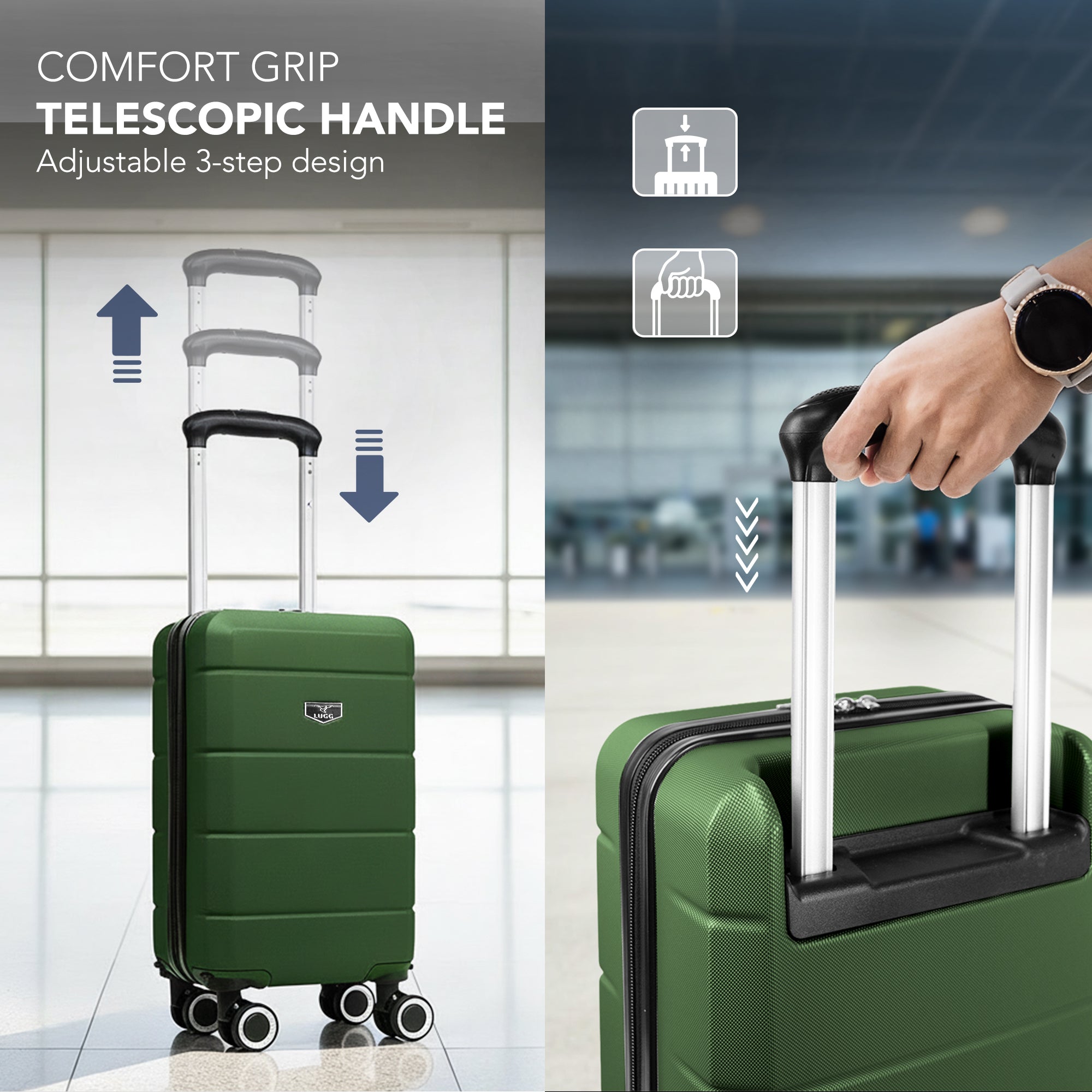 LUGG - Jetset 40cm Suitcase - 40x30x20cm- Ryanair Compatible  - Underseat Size - Hard Shell ABS - Spinner & Removable Wheels - Lightweight Travel Luggage- Army Green