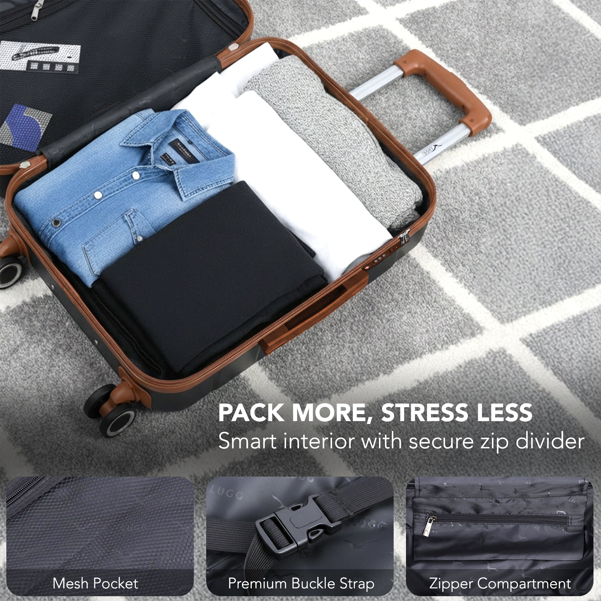 Jetset 32" Large Suitcase – Lightweight Hard Shell Luggage with TSA Lock – Water-Resistant ABS Spinner Suitcase – 4 Wheels – 86x58x31cm Travel Bag - Black with Brown