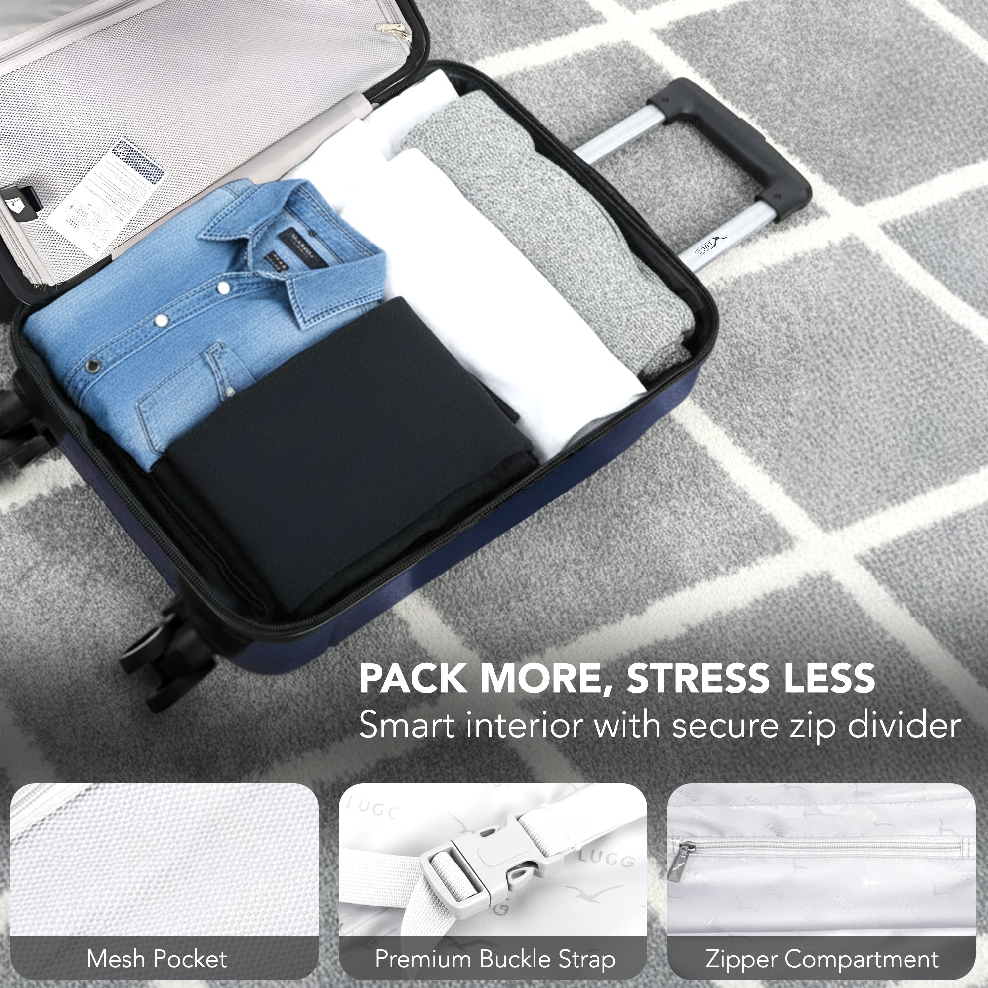 LUGG - Jetset 40cm Suitcase - 40x25x20cm- Ryanair Compatible - Underseat Size - Hard Shell ABS - Spinner & Removable Wheels - Lightweight Travel Luggage- Midnight Blue