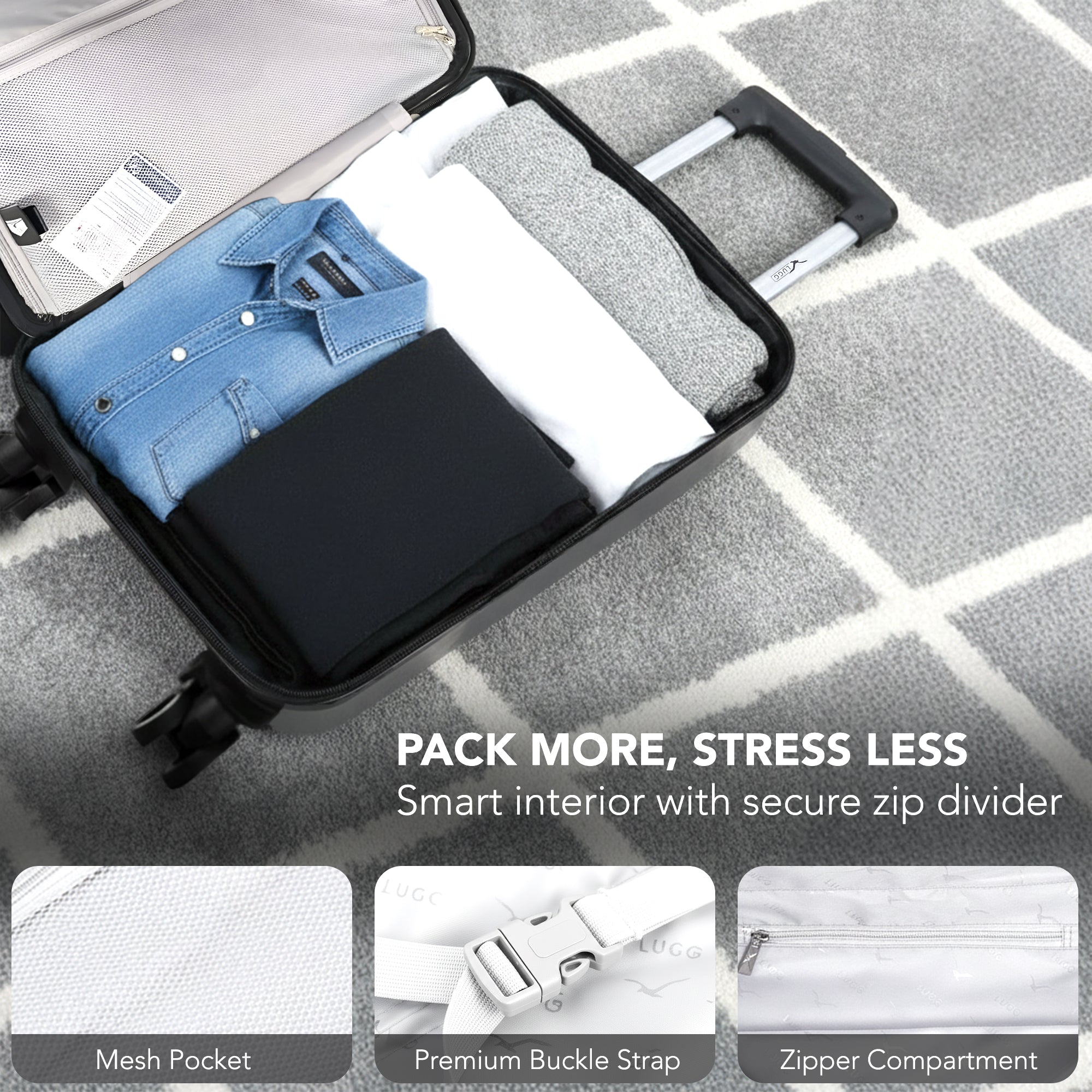 LUGG - Jetset 40cm Suitcase - 40x30x20cm- Ryanair Compatible - Underseat Size - Hard Shell ABS - Spinner & Removable Wheels - Lightweight Travel Luggage- Gunmetal