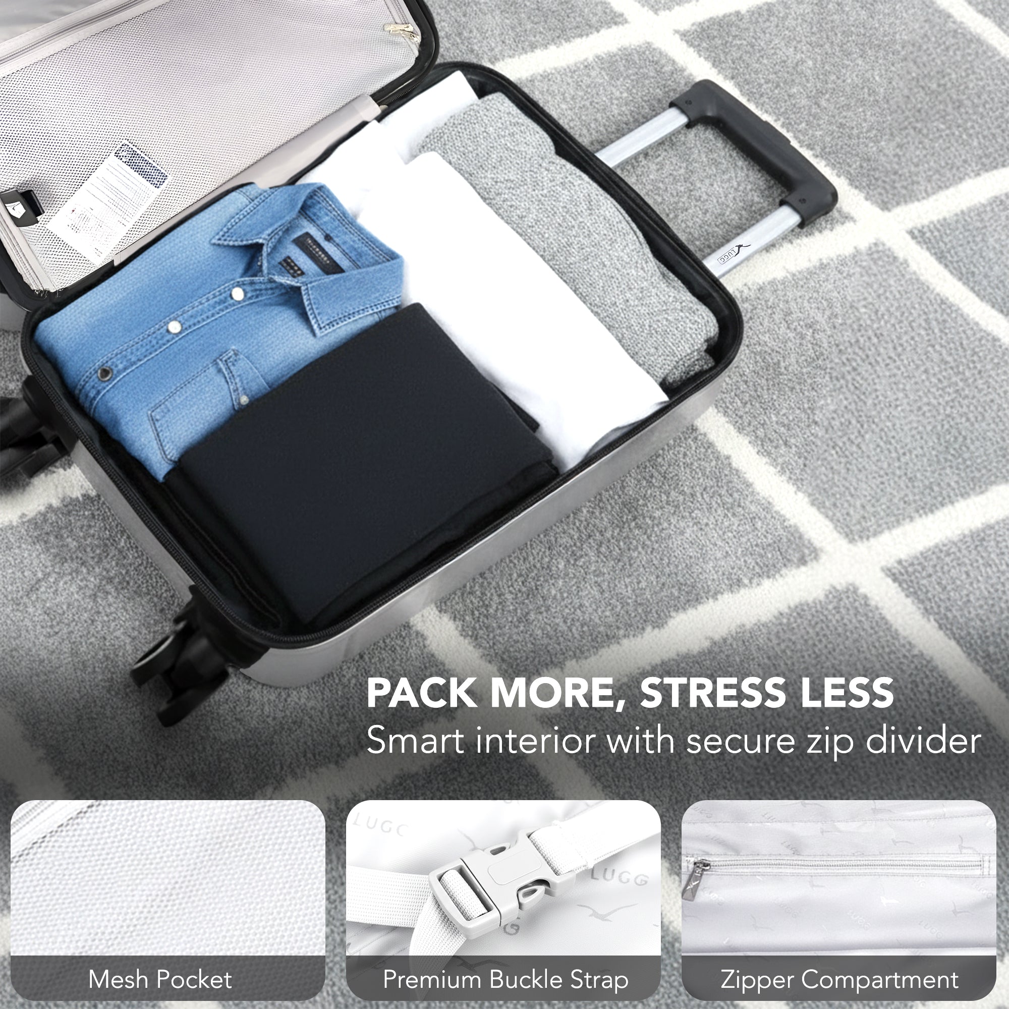 LUGG - Jetset 40cm Suitcase - 40x25x20cm- Ryanair Compatible - Underseat Size - Hard Shell ABS - Spinner & Removable Wheels - Lightweight Travel Luggage- Silver