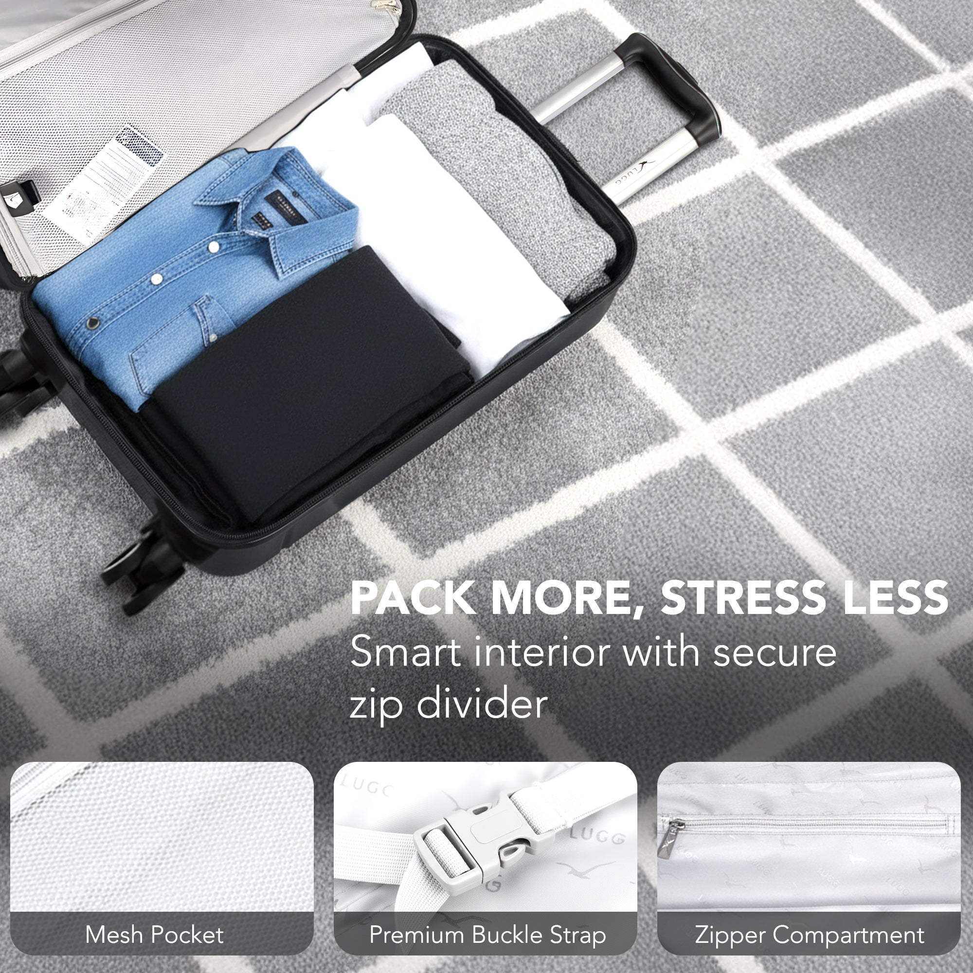 LUGG 40cm Vacay Suitcase ABS Luggage, Aluminium Trolley Handle, 360° Spinner Wheels, Water-Resistant & Durable Material - Airline Compatible (40 x 30 x 20cm)- Shadow