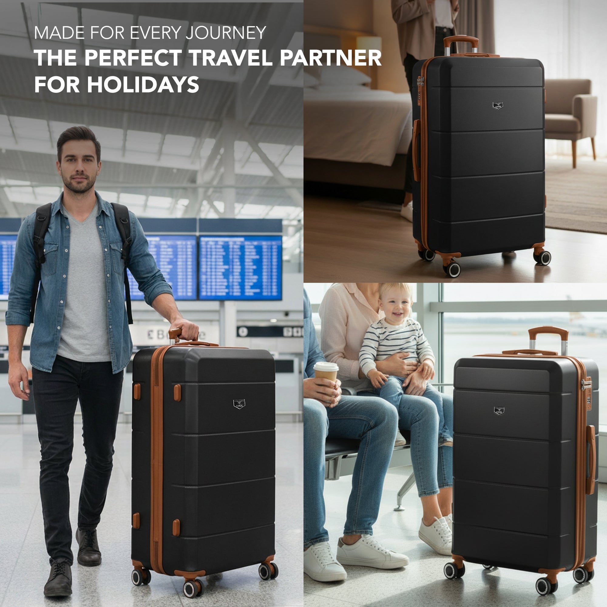 Jetset 32" Large Suitcase – Lightweight Hard Shell Luggage with TSA Lock – Water-Resistant ABS Spinner Suitcase – 4 Wheels – 86x58x31cm Travel Bag - Black with Brown