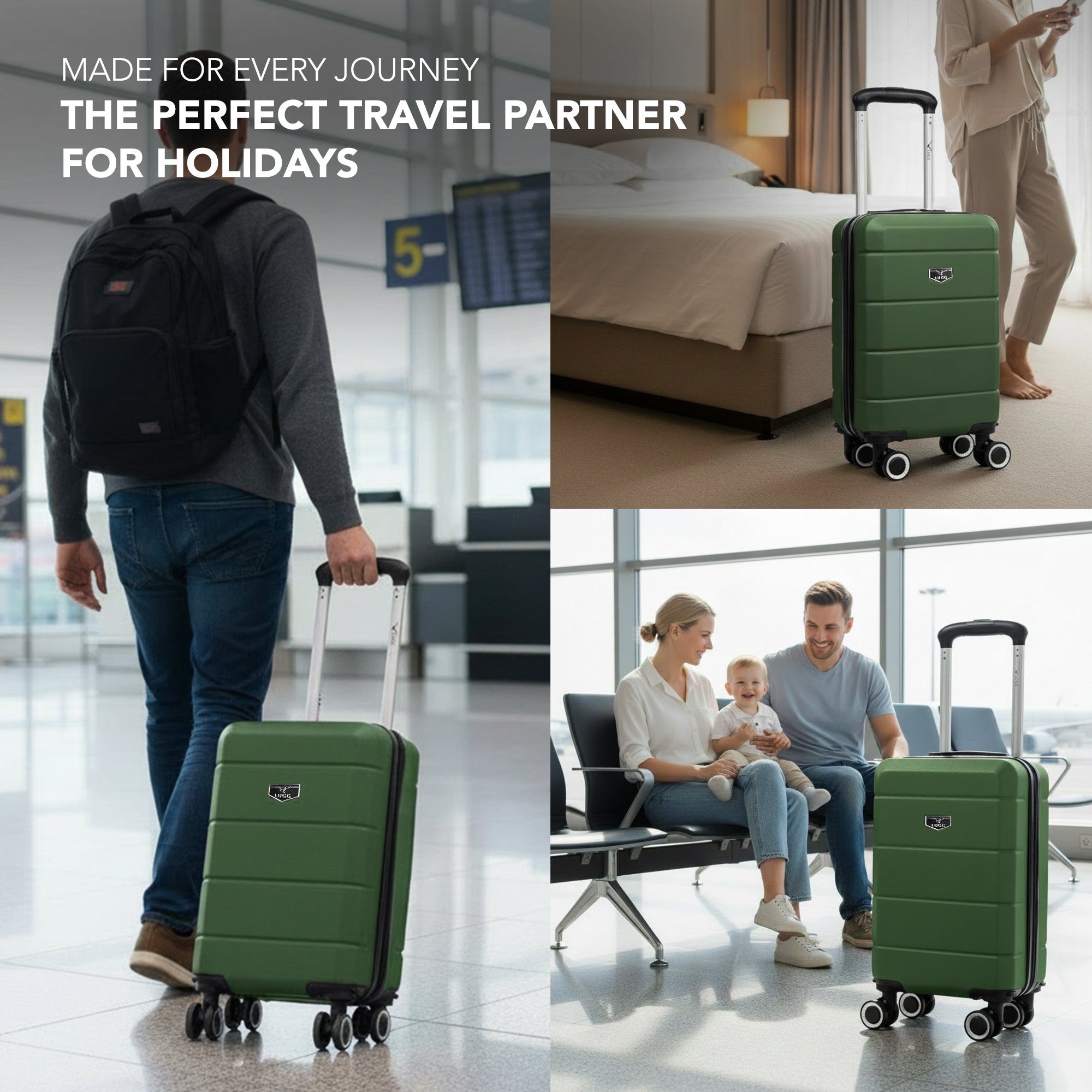 LUGG - Jetset 40cm Suitcase - 40x30x20cm- Ryanair Compatible  - Underseat Size - Hard Shell ABS - Spinner & Removable Wheels - Lightweight Travel Luggage- Army Green