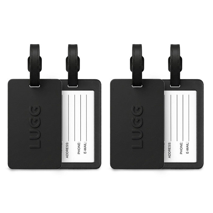 Two Black luggage tags side by side, 2-pack suitcase ID tag set UK
