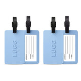 Two Slate Blue luggage tags side by side, 2-pack suitcase ID tag set UK