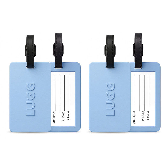 Two Slate Blue luggage tags side by side, 2-pack suitcase ID tag set UK