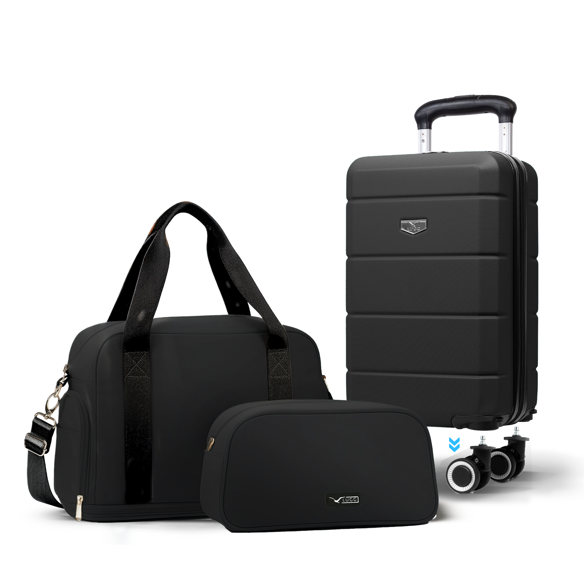 Lugg Jetset 3-Piece Travel Set – Ryanair 40×25×20 cm Hard Shell Cabin Bag with Detachable Wheels + Duffel Bag + Toiletry Bag- Black