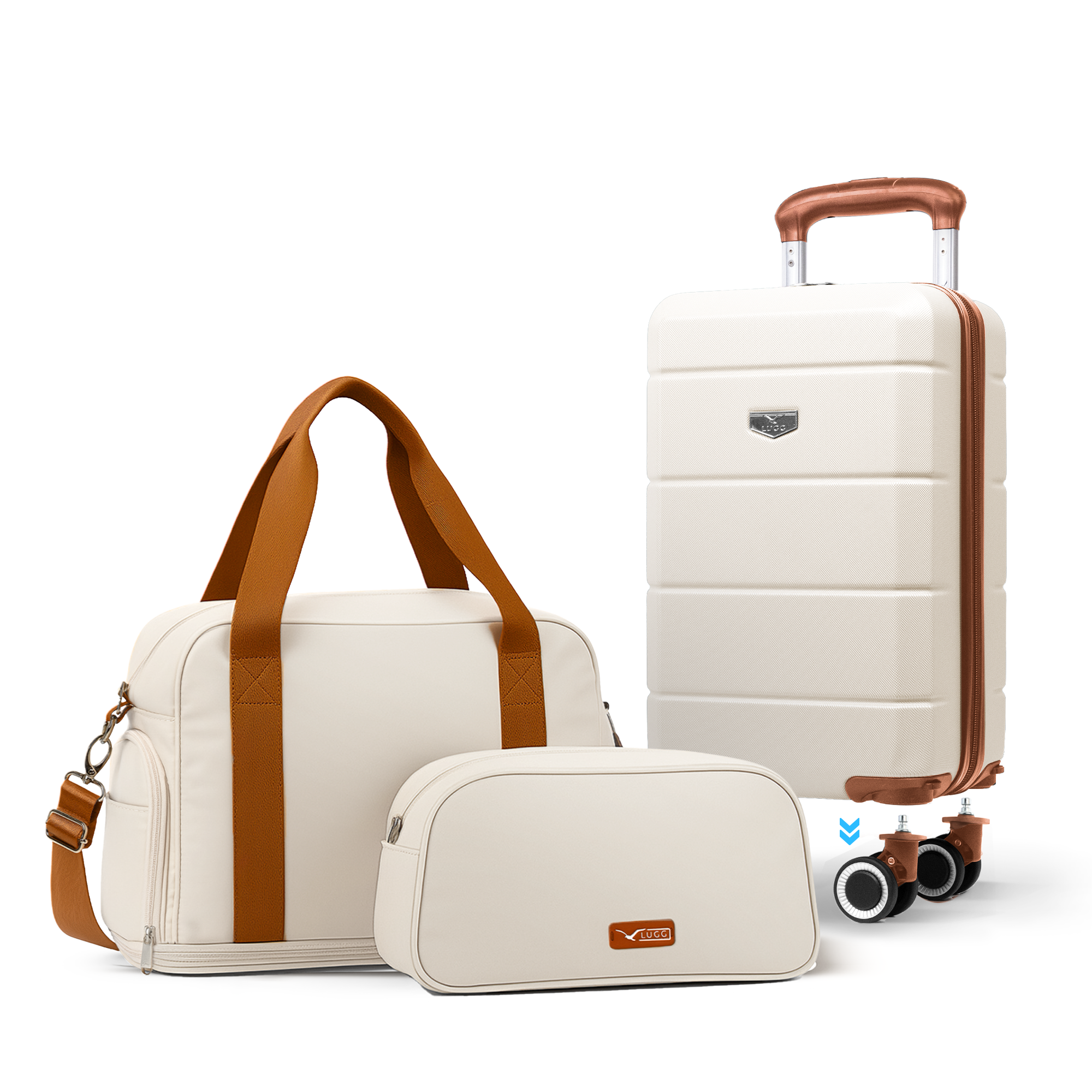 Lugg Jetset 3-Piece Travel Set – Ryanair 40×25×20 cm Hard Shell Cabin Bag with Detachable Wheels + Duffel Bag + Toiletry Bag- Cream/Brown