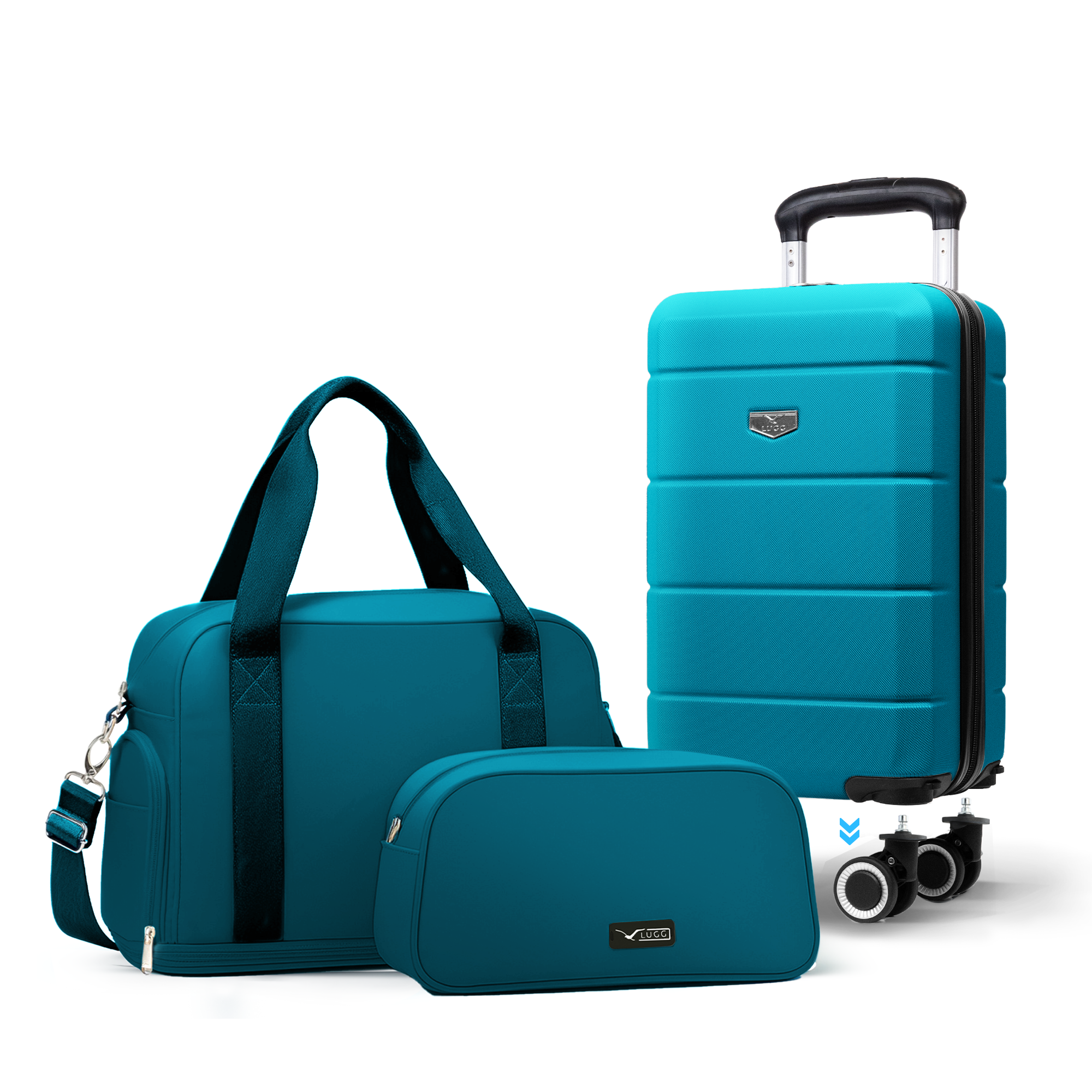 Lugg Jetset 3-Piece Travel Set – Ryanair 40×25×20 cm Hard Shell Cabin Bag with Detachable Wheels + Duffel Bag + Toiletry Bag- Teal