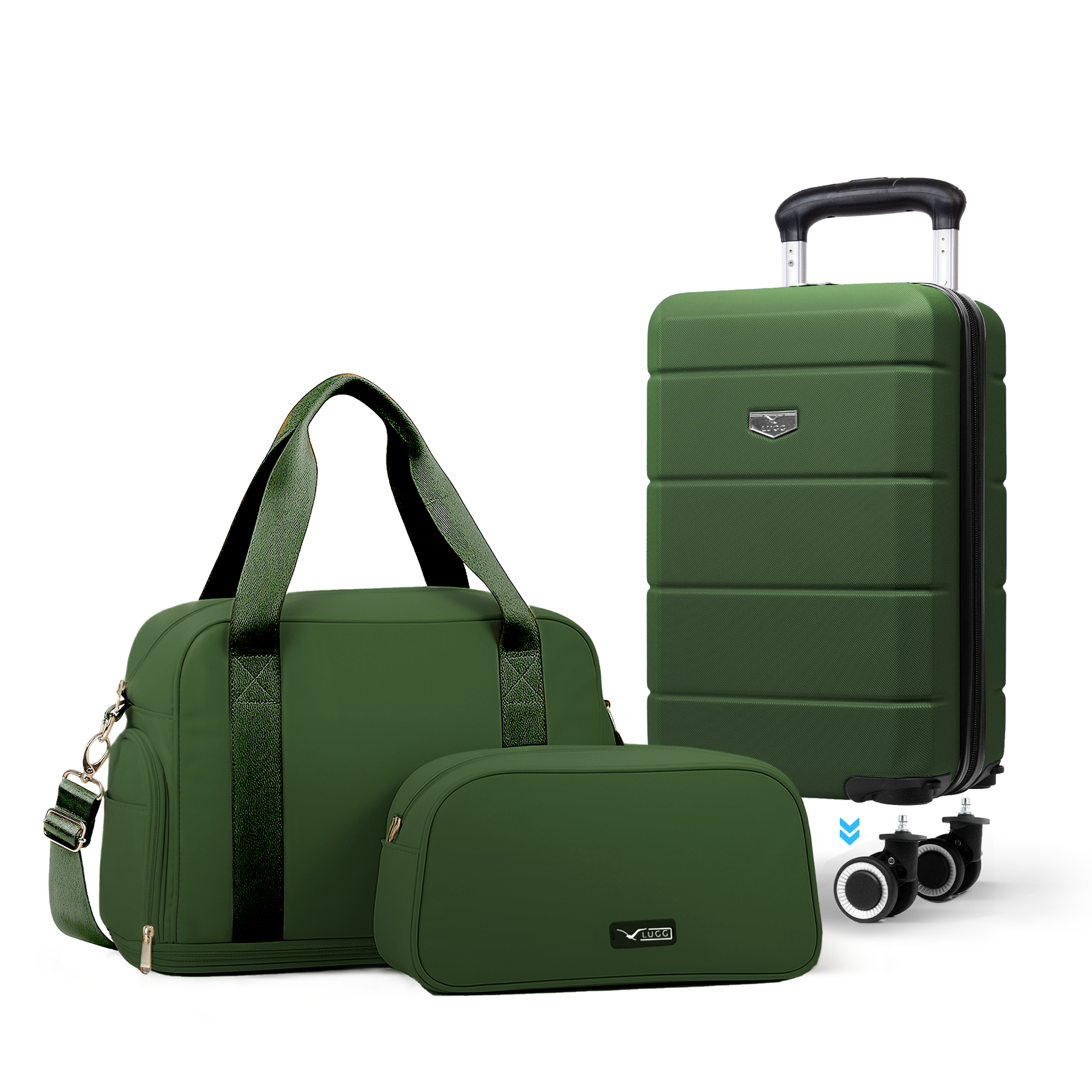 Lugg Jetset 3-Piece Travel Set – Ryanair 40×25×20 cm Hard Shell Cabin Bag with Detachable Wheels + Duffel Bag + Toiletry Bag- Army Green