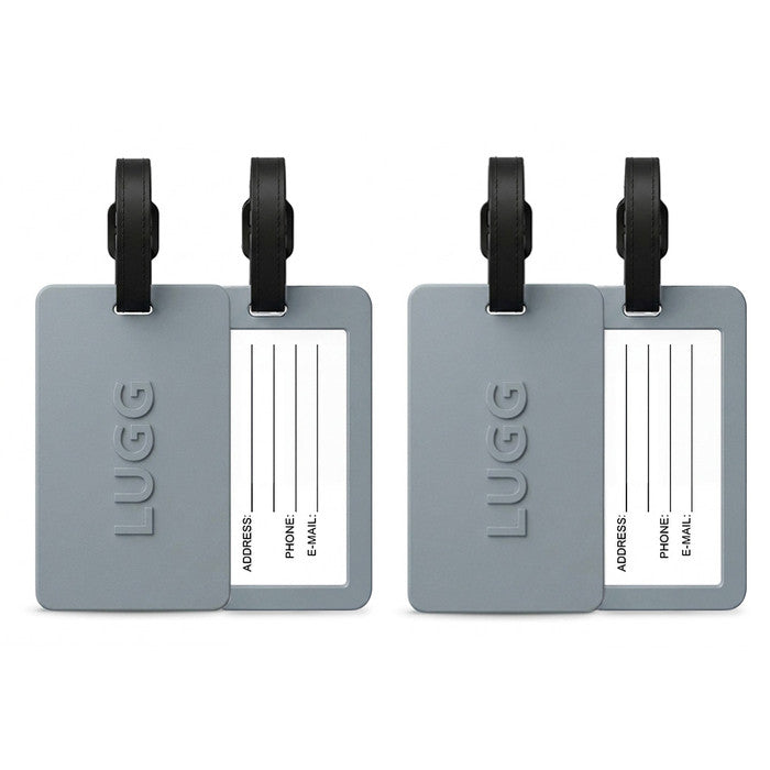 Two Gunmetal luggage tags side by side, 2-pack suitcase ID tag set UK